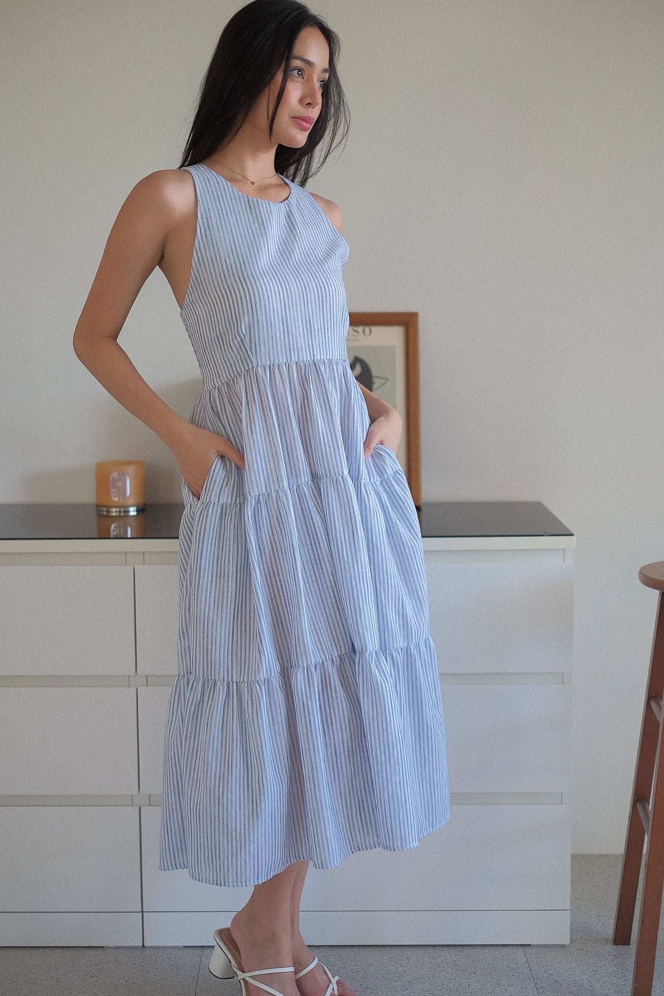 The Jonnie midi dress - powder blue Vertical Pinstripe