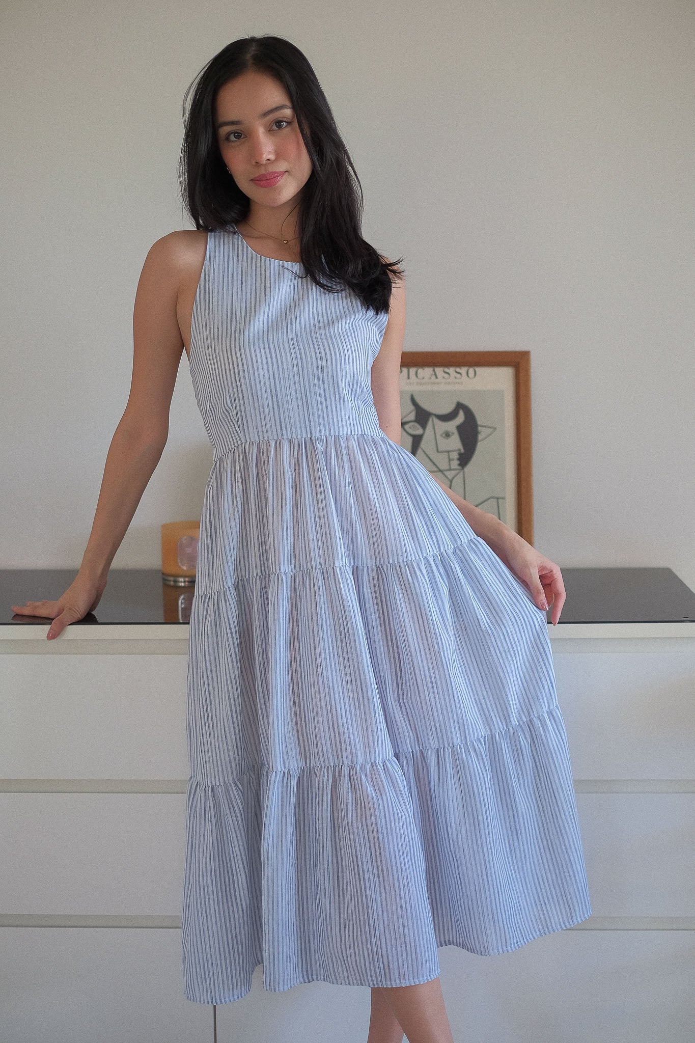 The Jonnie midi dress - powder blue Vertical Pinstripe