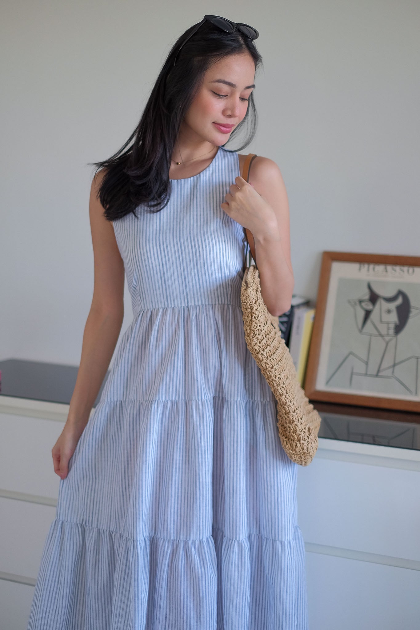 The Jonnie midi dress - powder blue Vertical Pinstripe