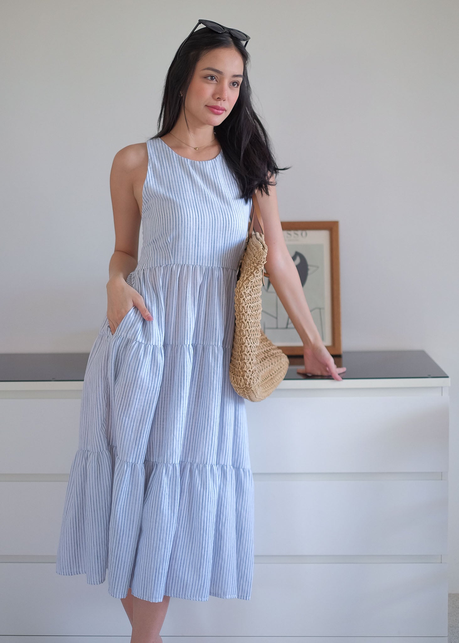The Jonnie midi dress - powder blue Vertical Pinstripe