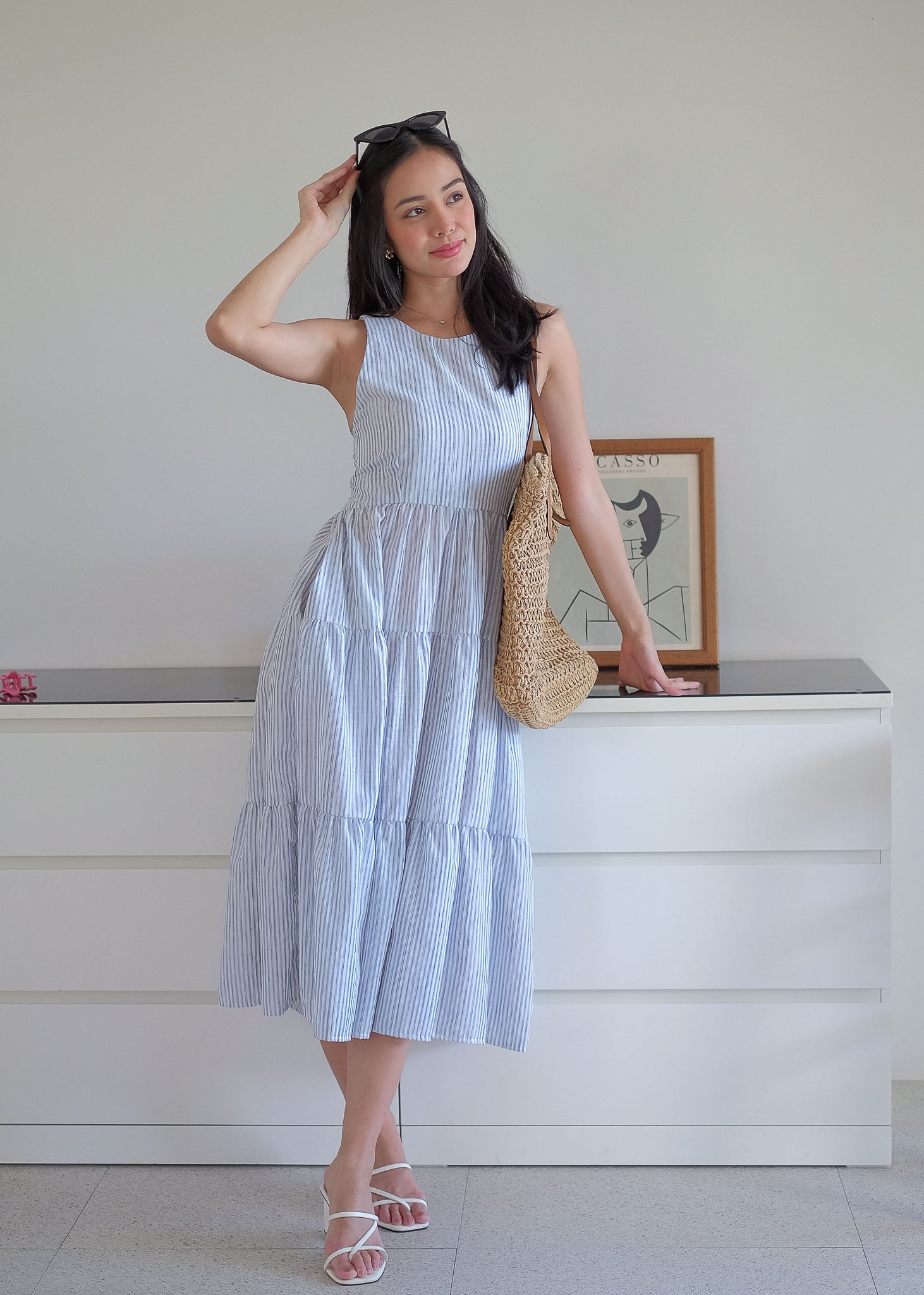 The Jonnie midi dress - powder blue Vertical Pinstripe