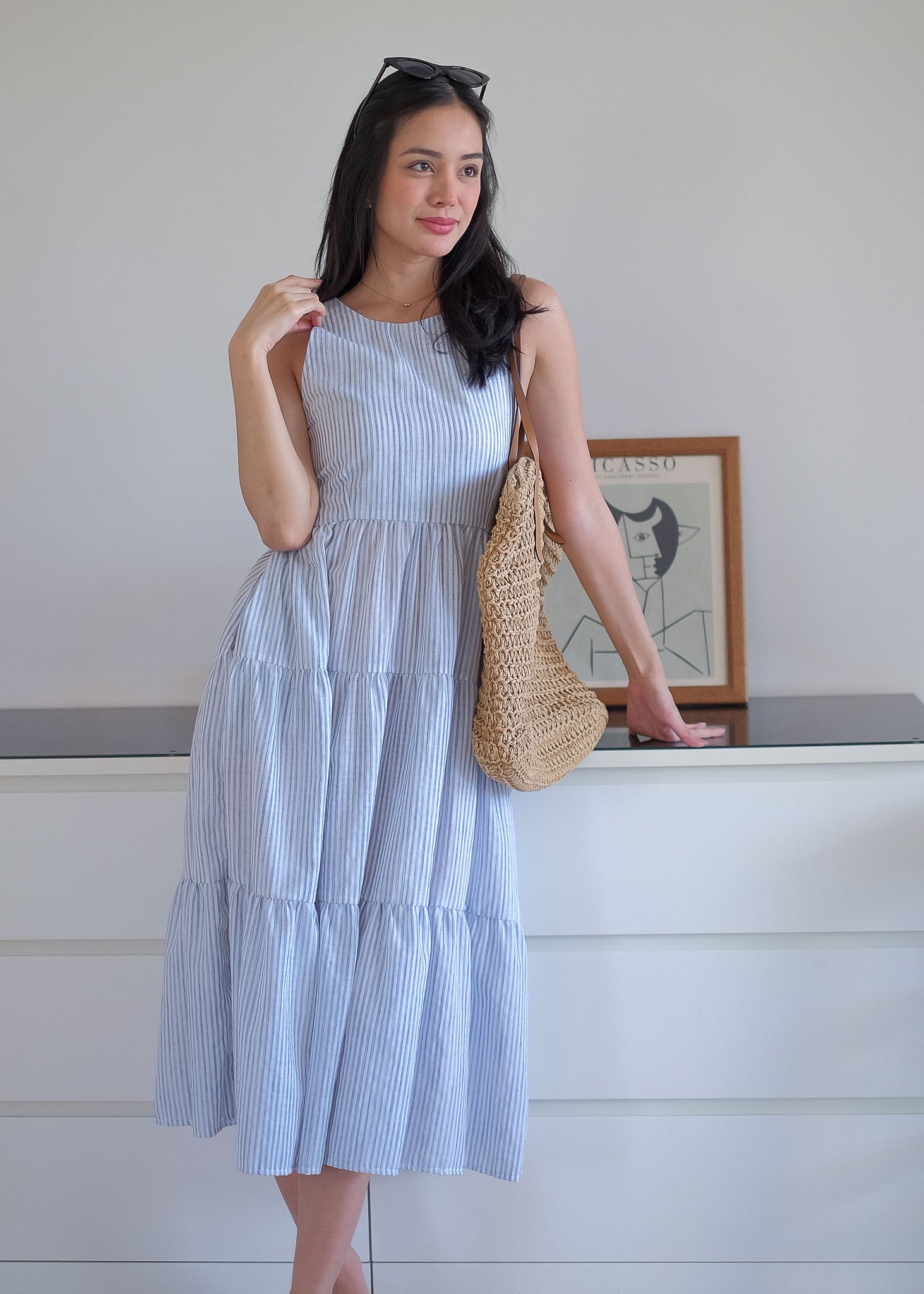 The Jonnie midi dress - powder blue Vertical Pinstripe