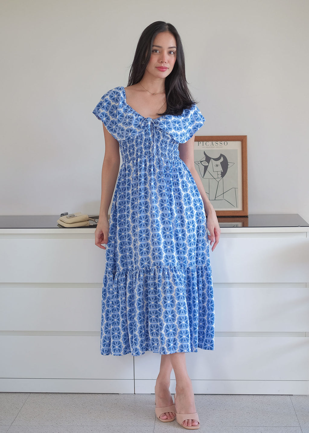 The Eloise midi dress - blue tile inspired