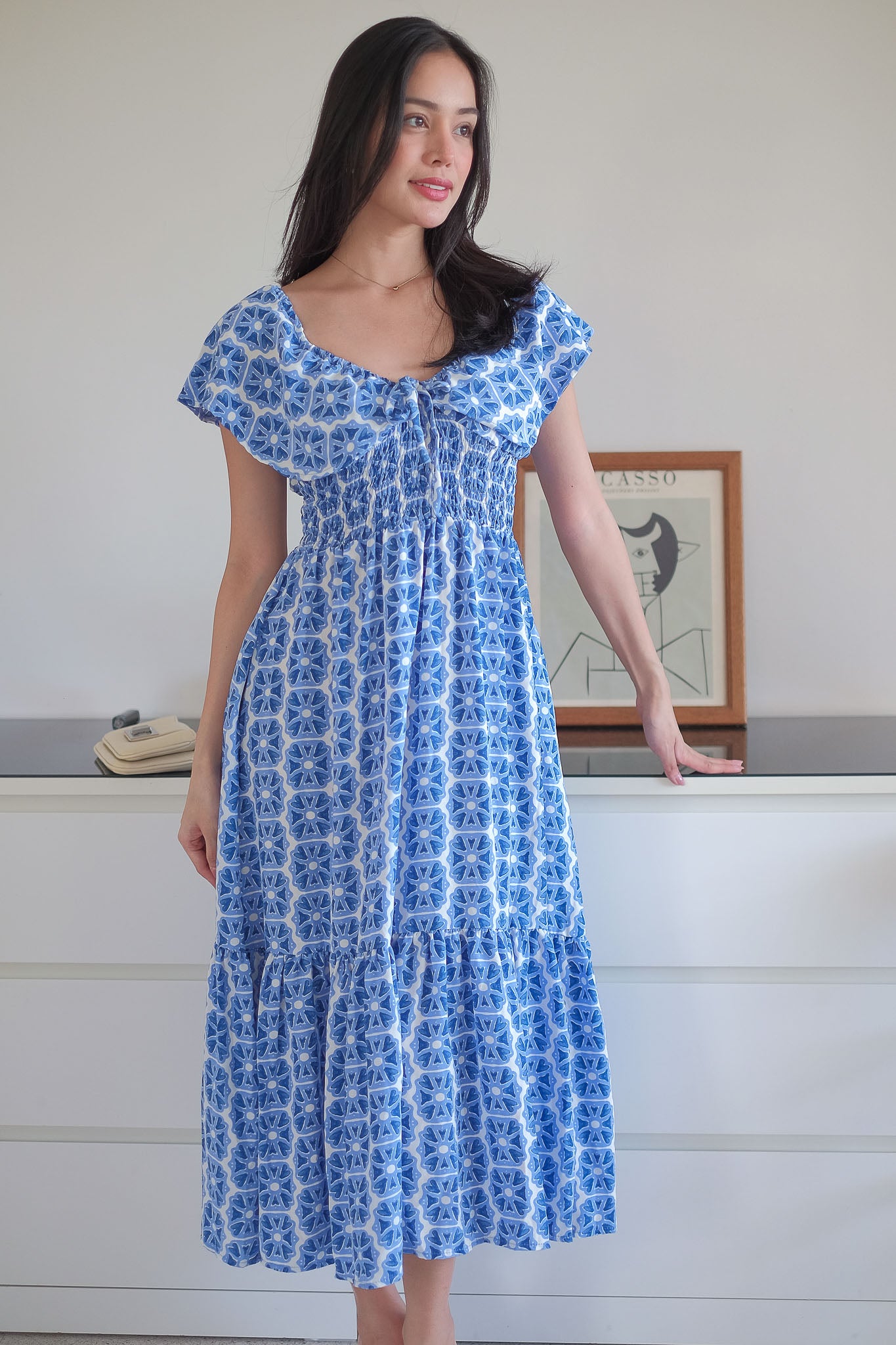 The Eloise midi dress - blue tile inspired