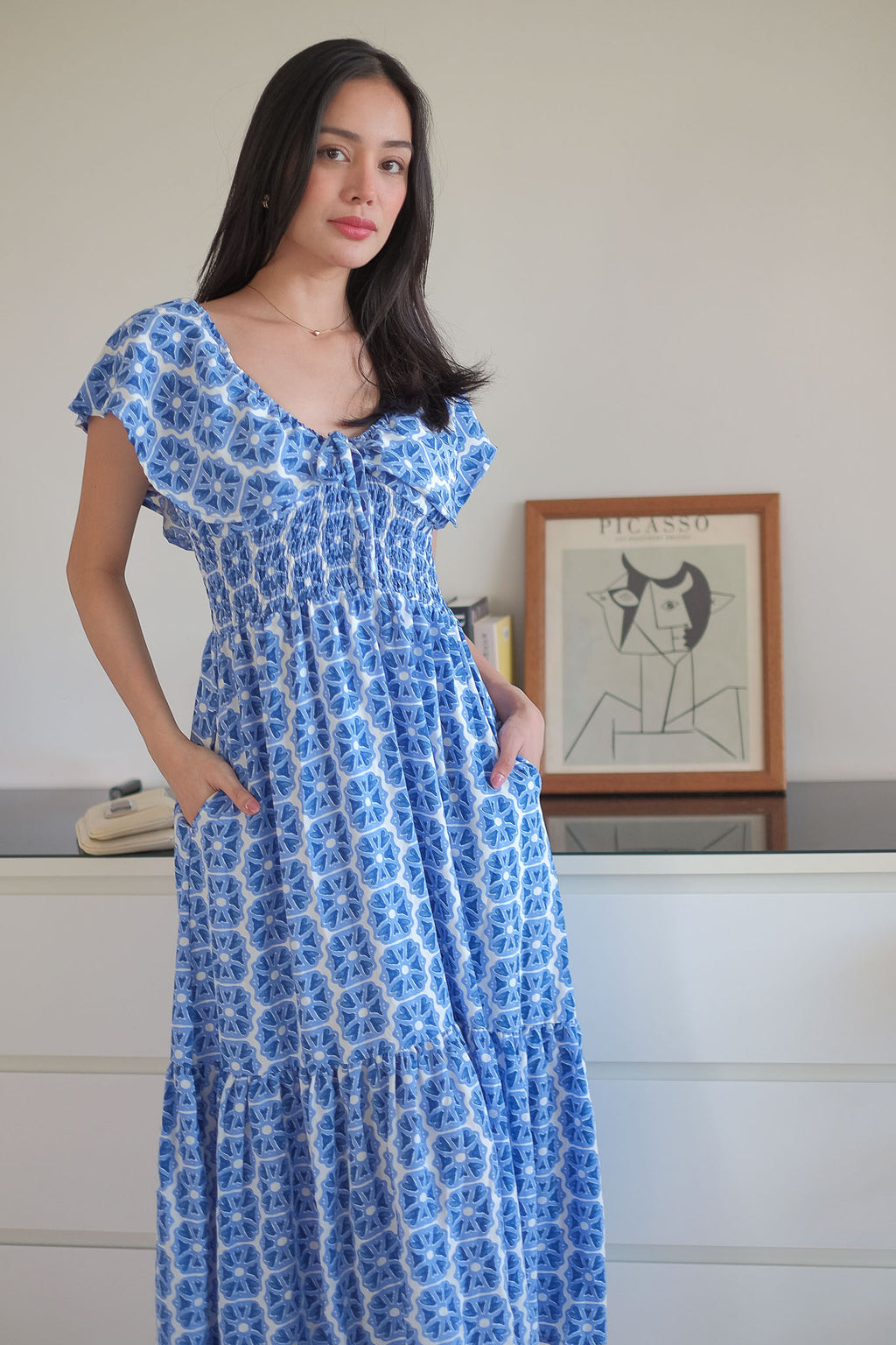 The Eloise midi dress - blue tile inspired