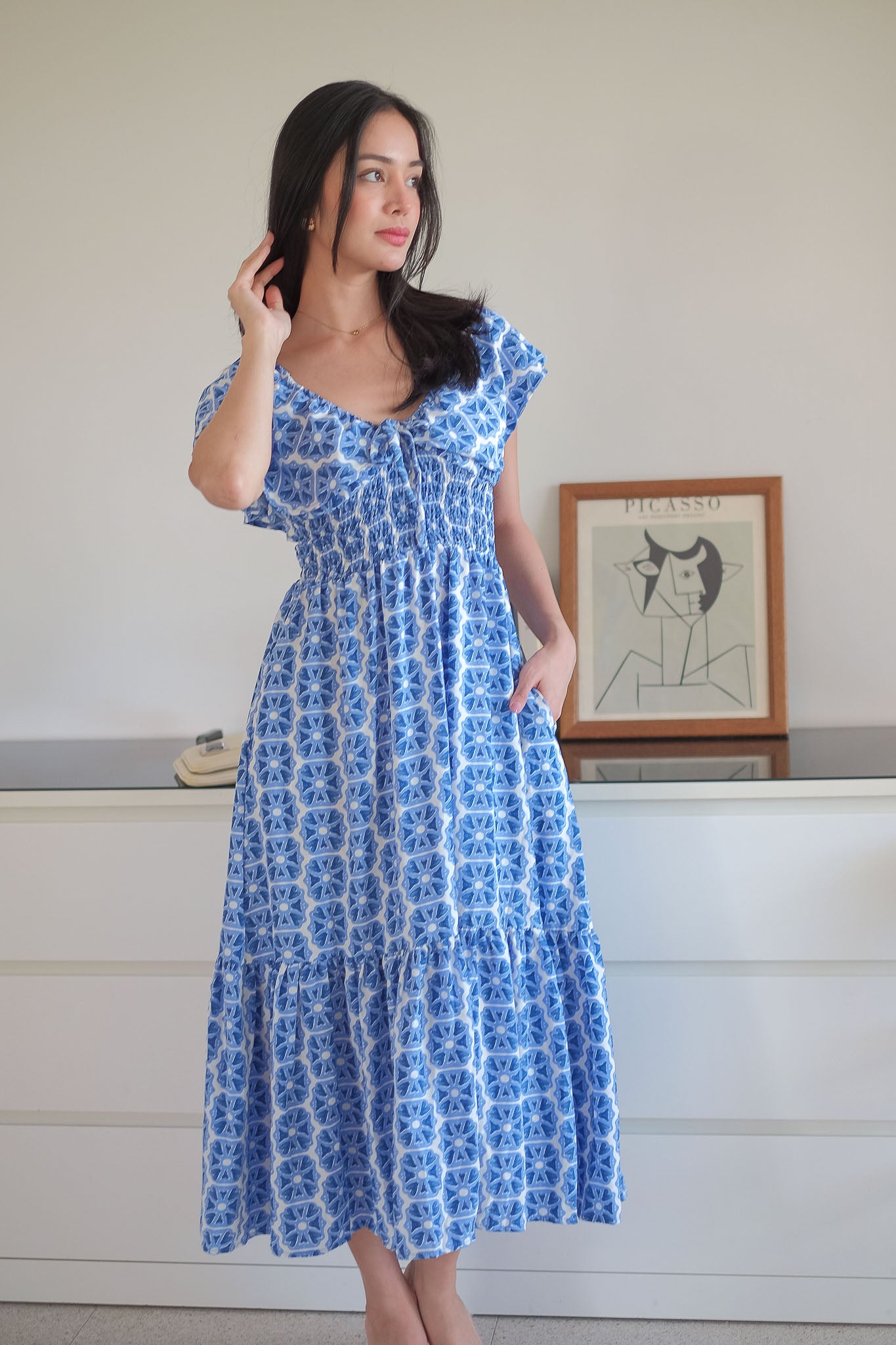 The Eloise midi dress - blue tile inspired