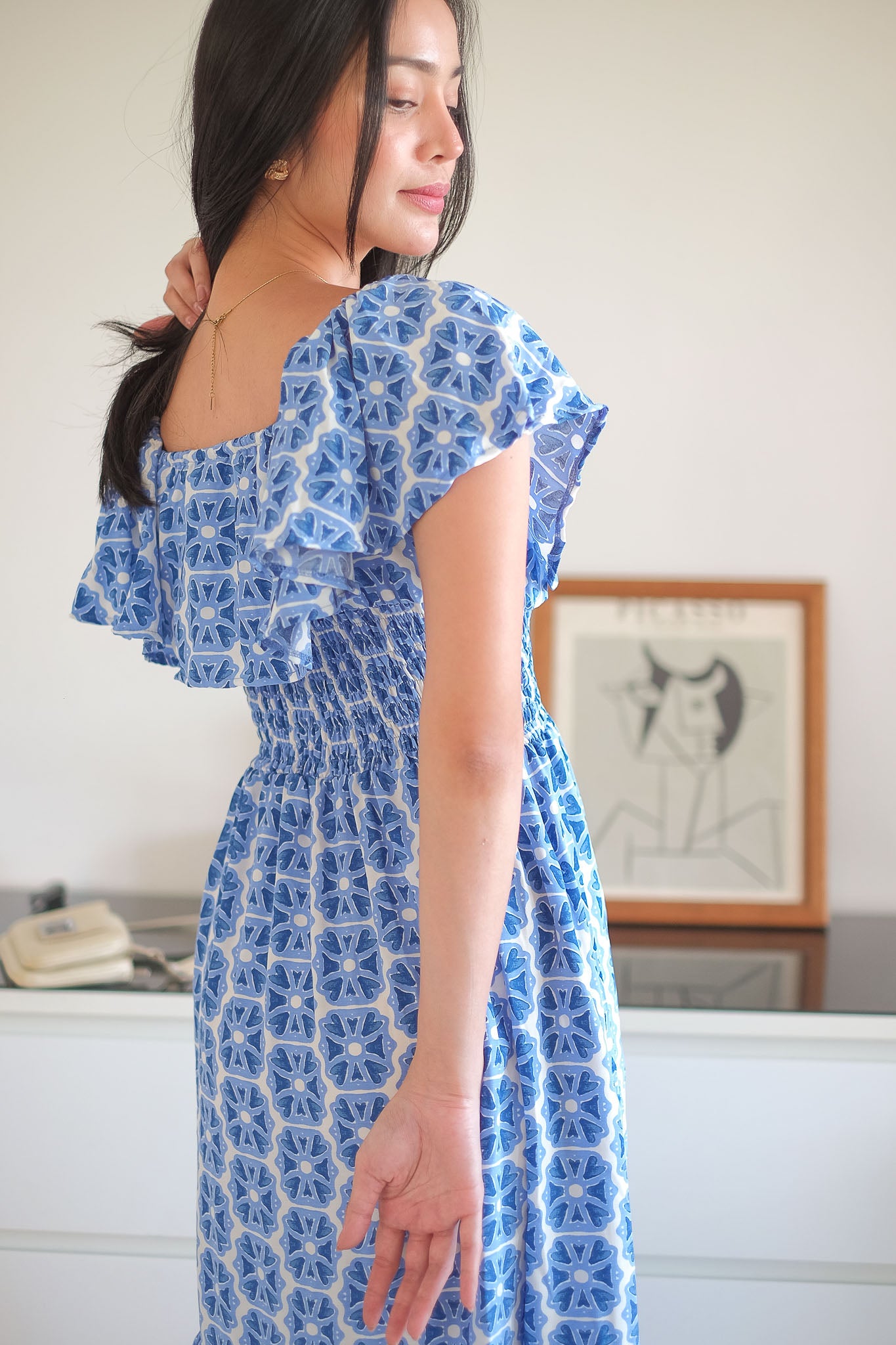 The Eloise midi dress - blue tile inspired