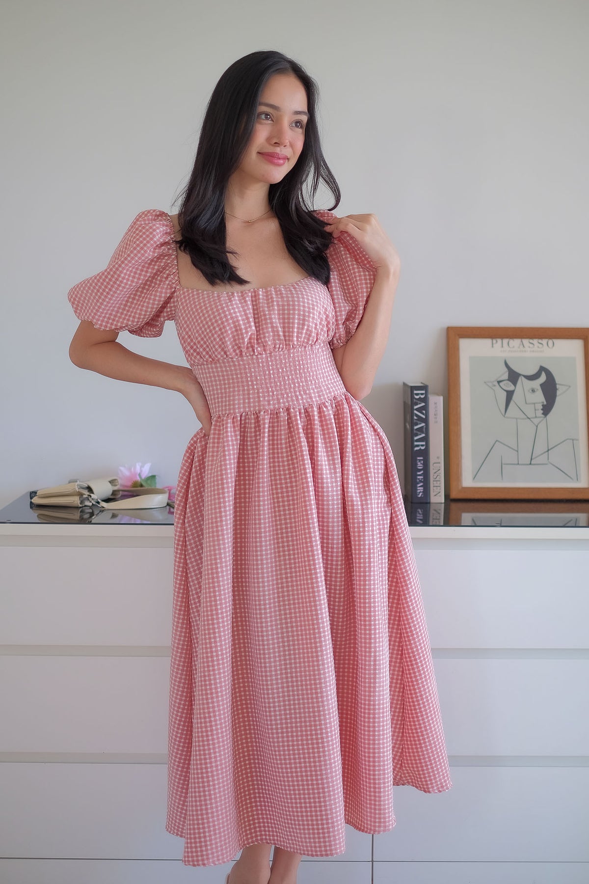 Monica Midi Dress – Soft rose pink gingham print
