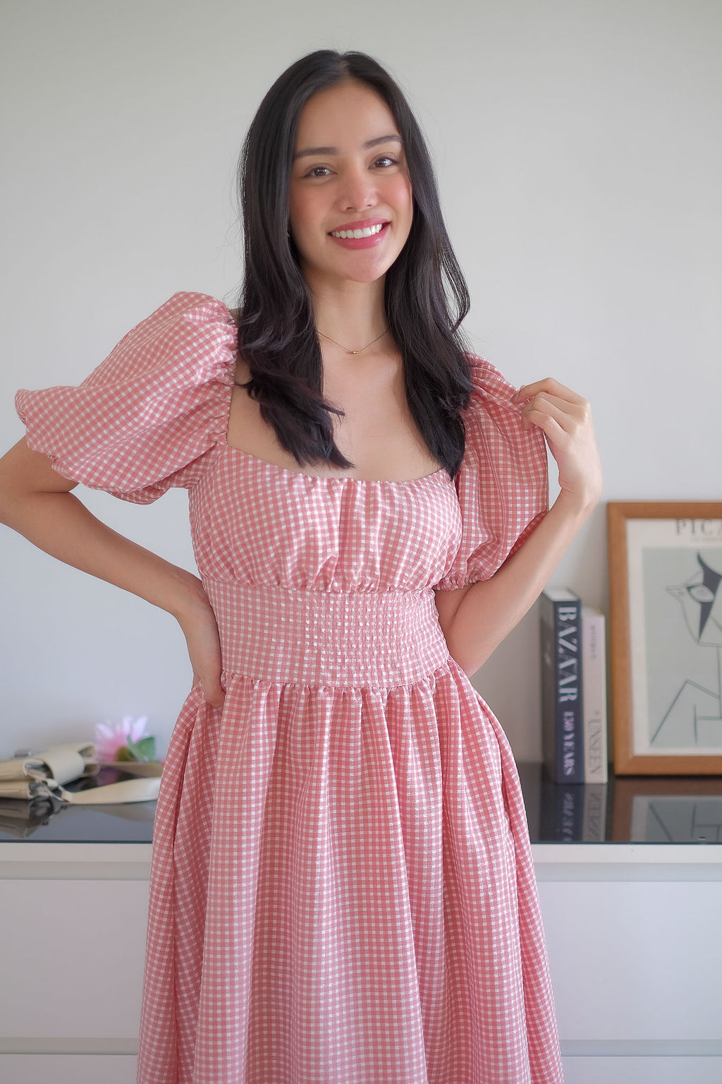 Monica Midi Dress – Soft rose pink gingham print