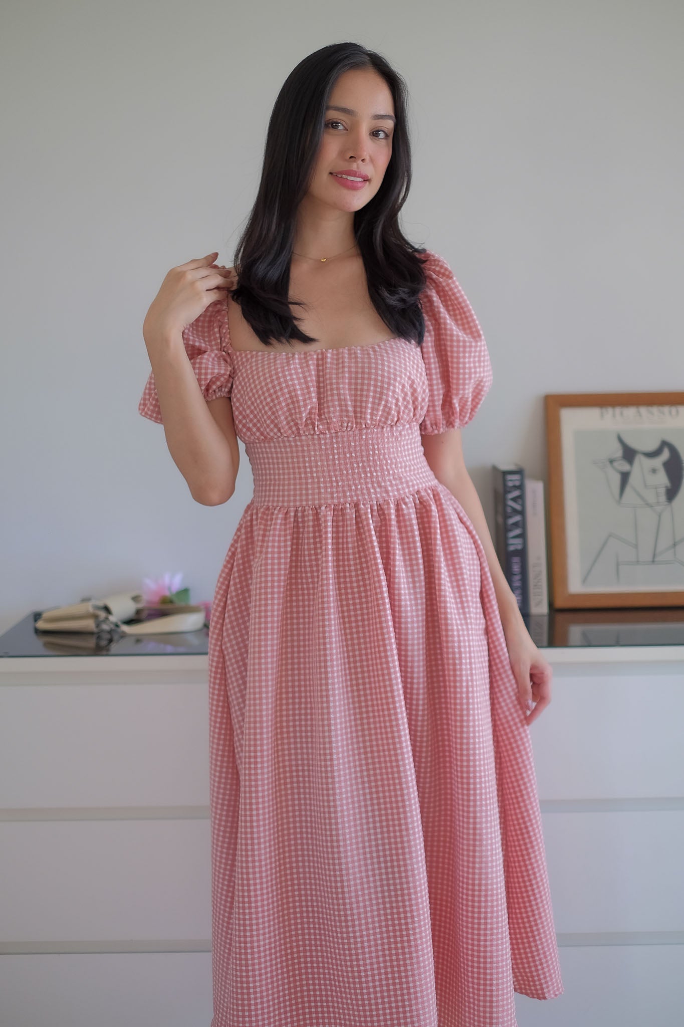 Monica Midi Dress – Soft rose pink gingham print