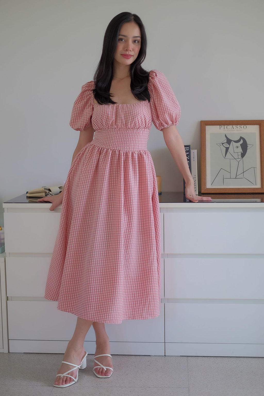 Monica Midi Dress – Soft rose pink gingham print