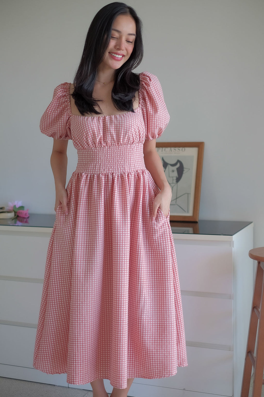 Monica Midi Dress – Soft rose pink gingham print