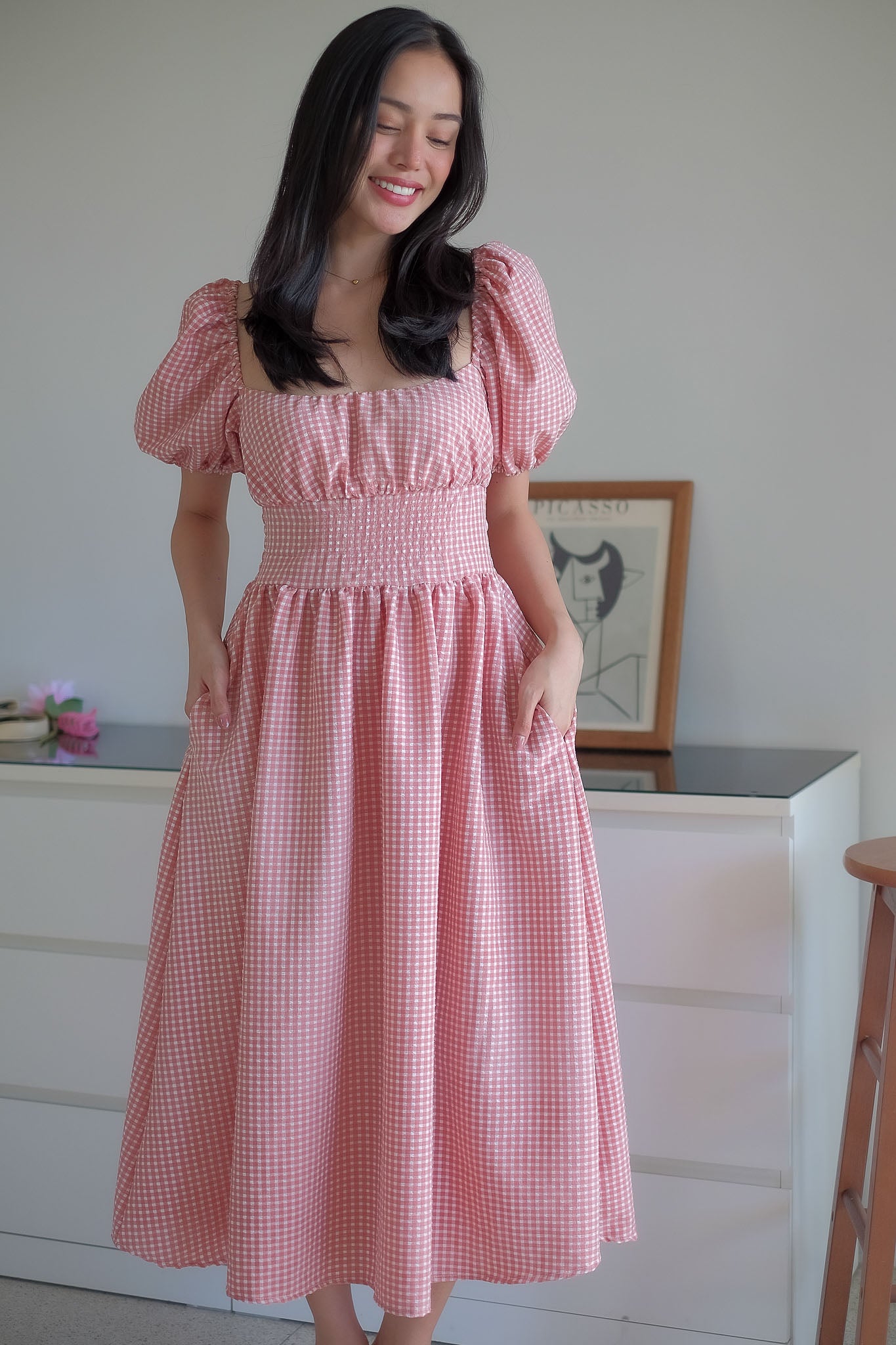Monica Midi Dress – Soft rose pink gingham print