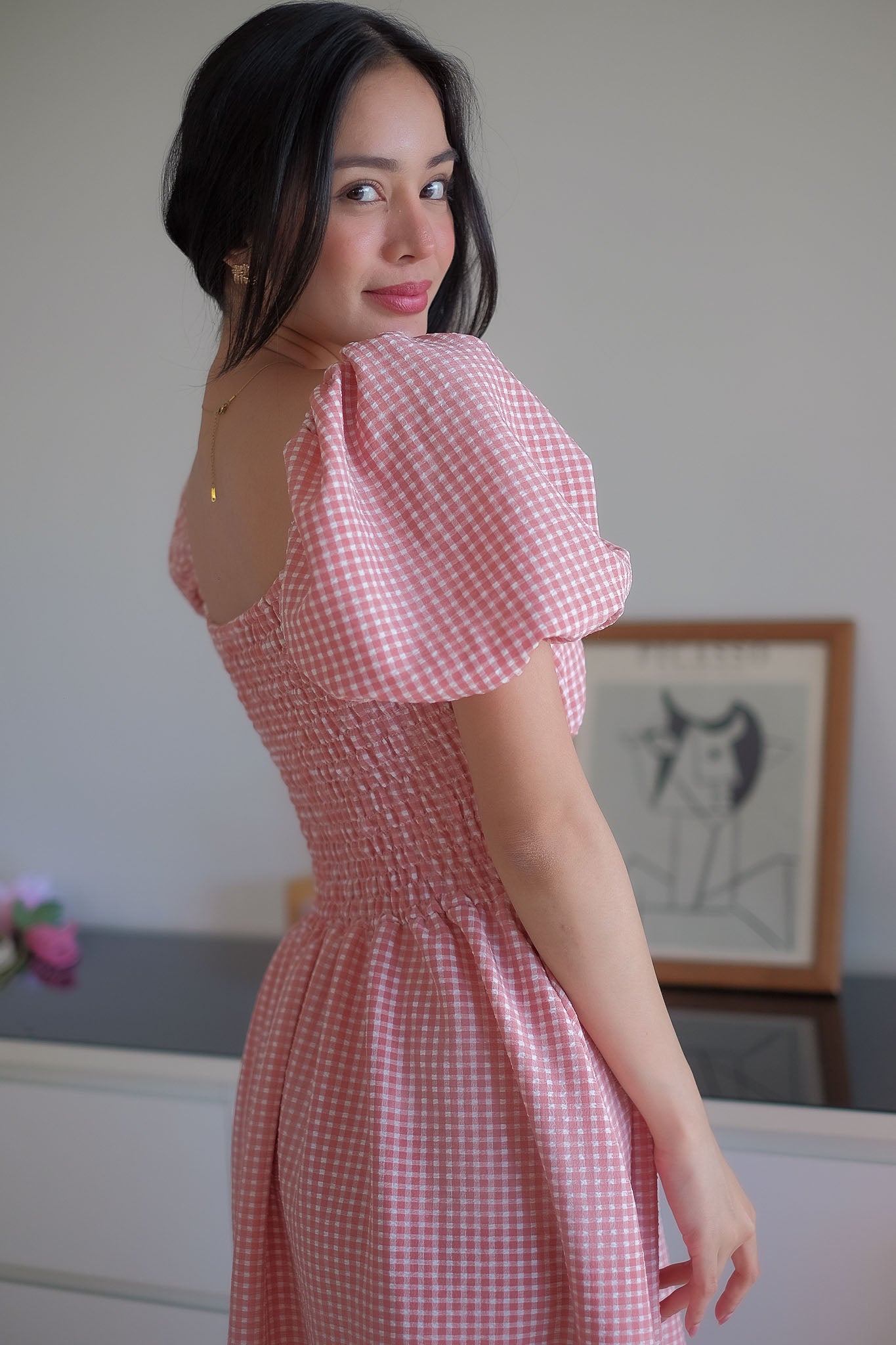 Monica Midi Dress – Soft rose pink gingham print