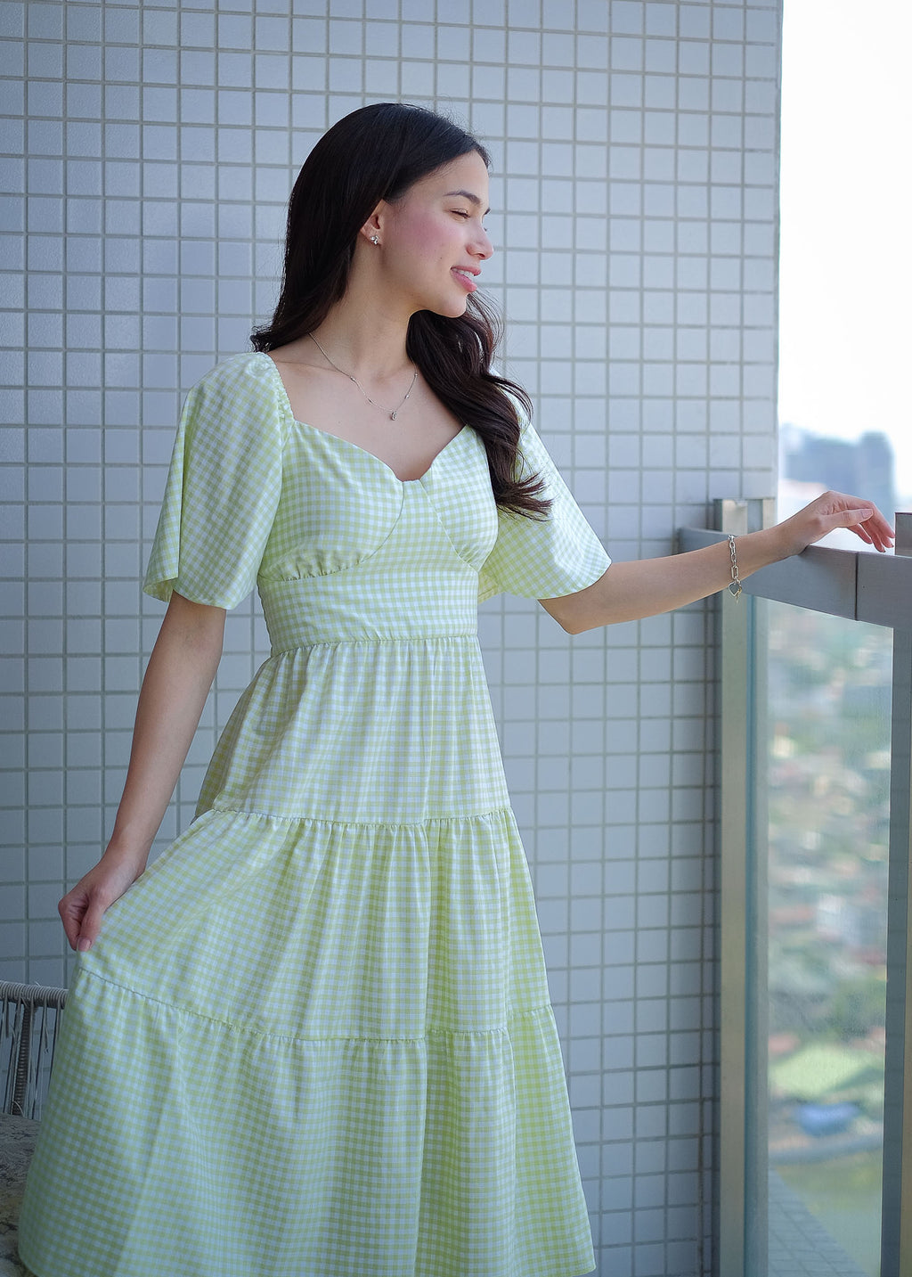 Barbara Midi Dress - checkered apple green