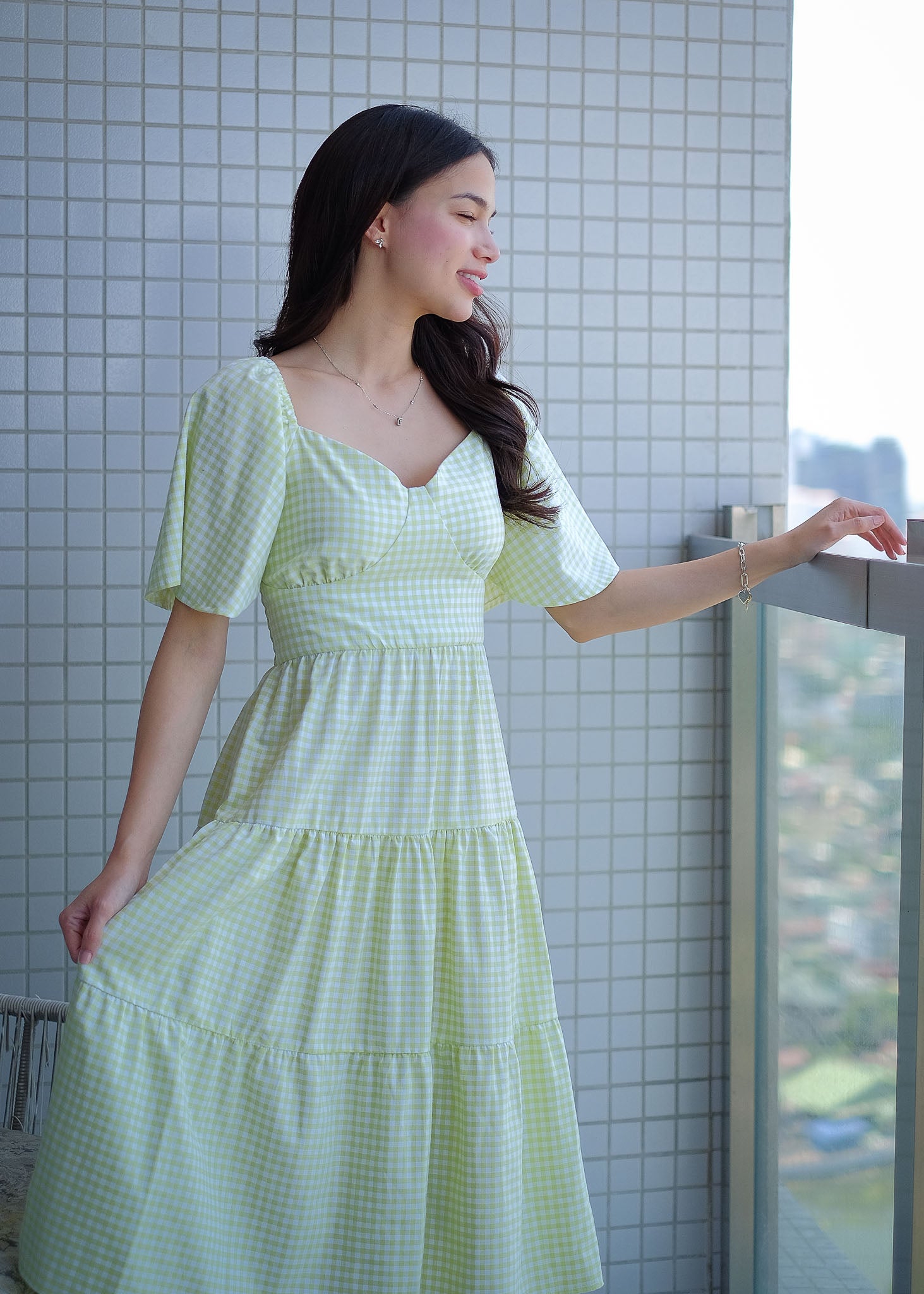 Barbara Midi Dress - checkered apple green