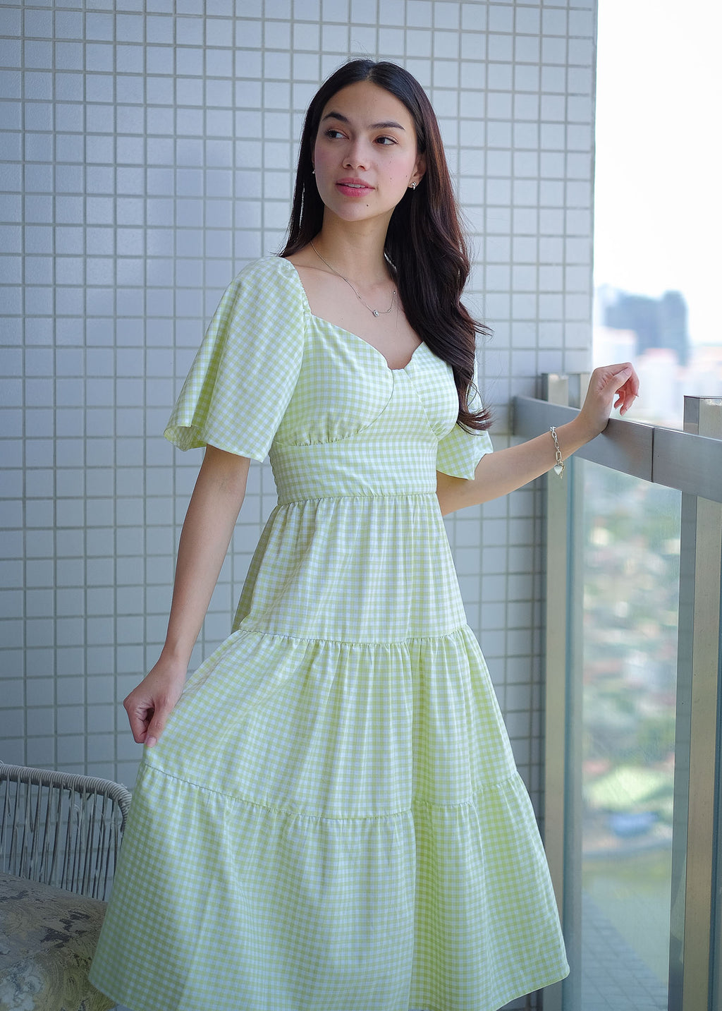 Barbara Midi Dress - checkered apple green