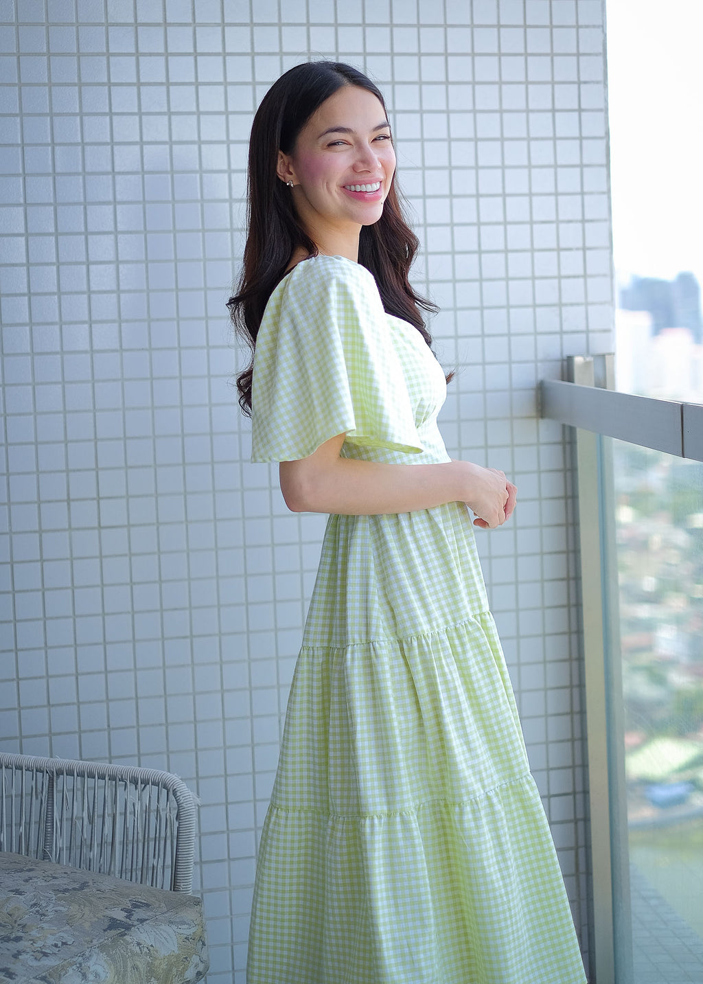 Barbara Midi Dress - checkered apple green