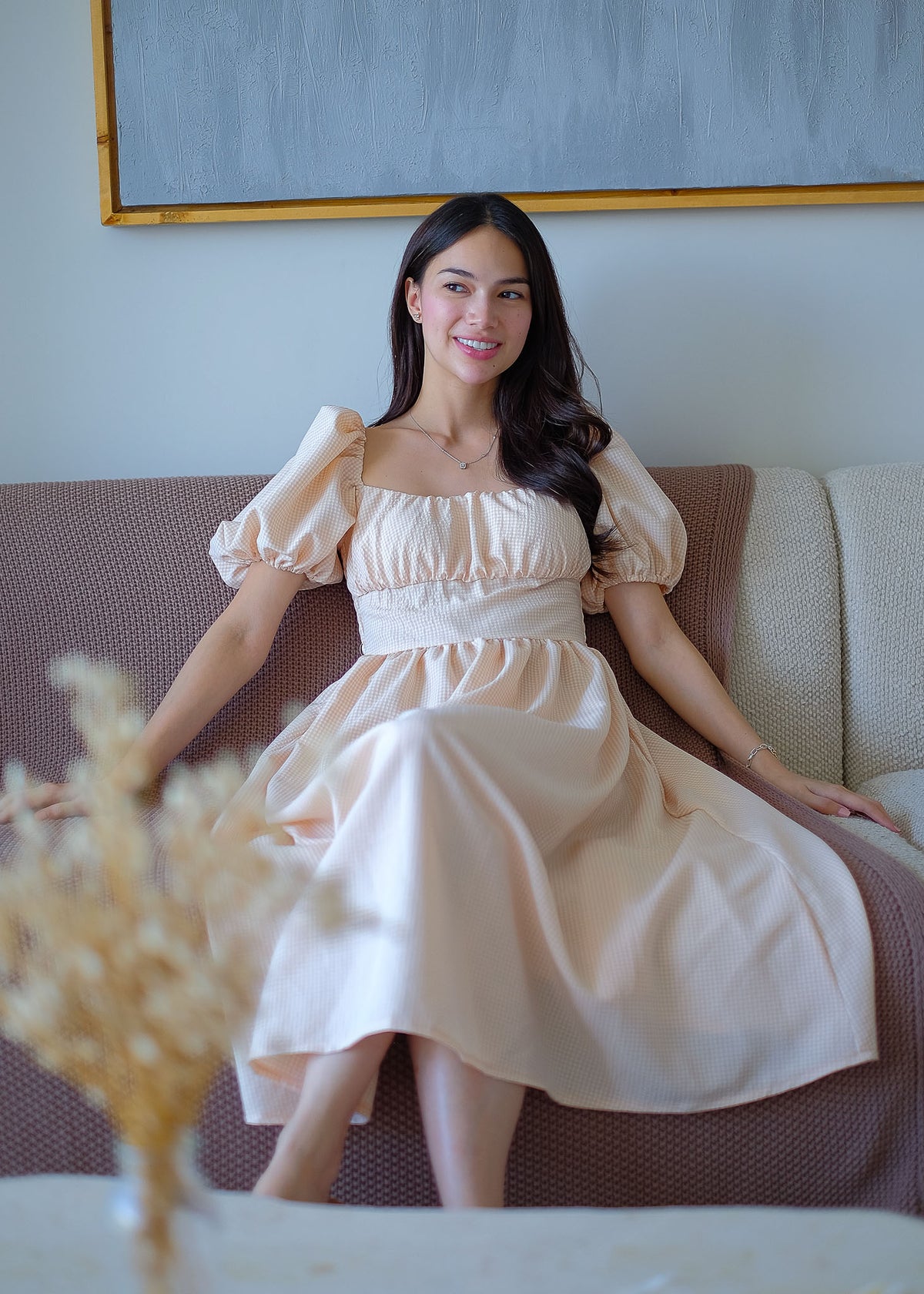 Monica Midi Dress – Ivory beige Mini Gingham