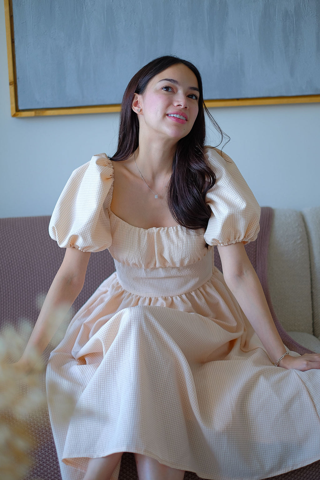 Monica Midi Dress – Ivory beige Mini Gingham