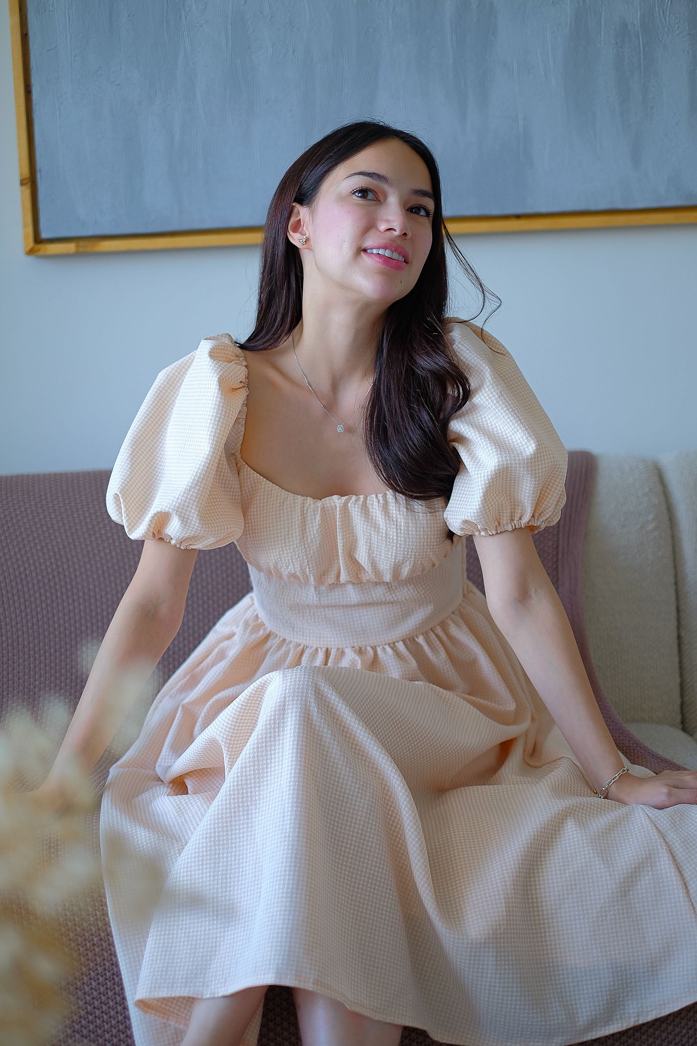 Monica Midi Dress – Ivory beige Mini Gingham