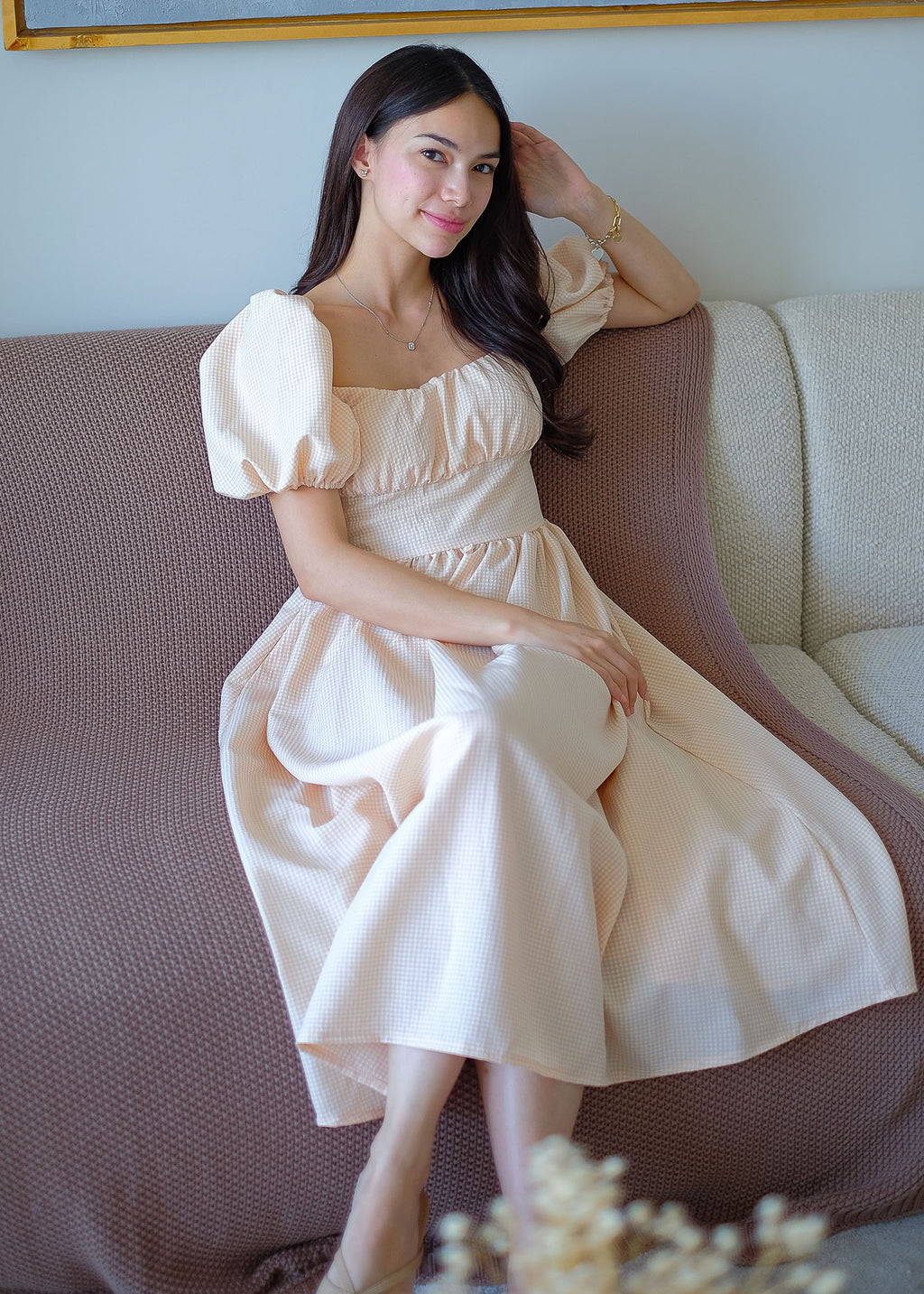 Monica Midi Dress – Ivory beige Mini Gingham
