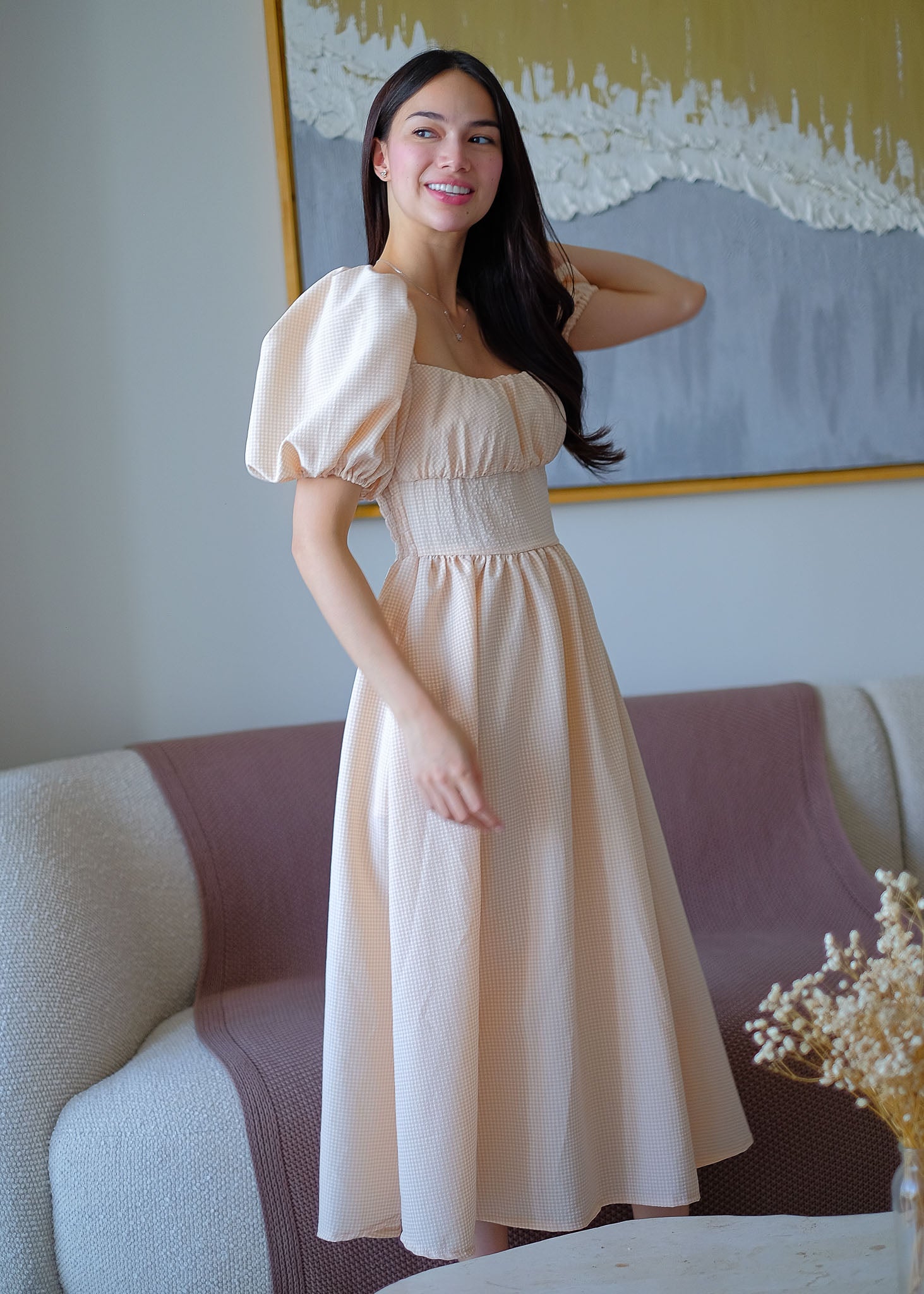 Monica Midi Dress Ivory beige Mini Gingham Sunnyside Clothing Ph Monica Midi Dress Ivory beige Mini Gingham Sunnyside Clothing Ph
