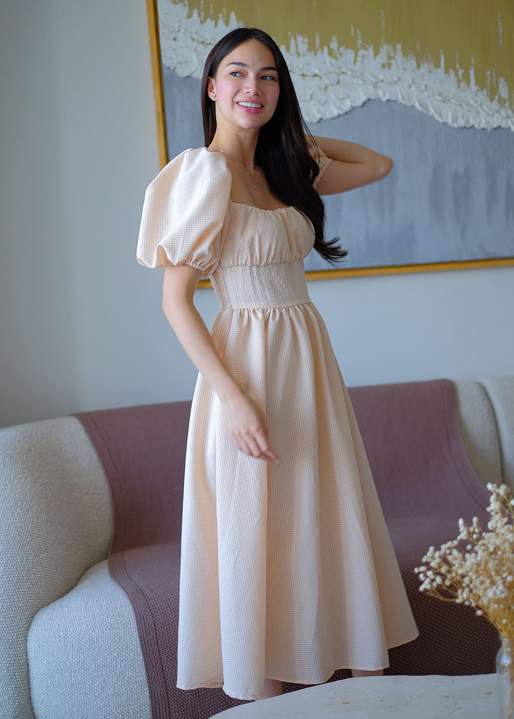 Monica Midi Dress – Ivory beige Mini Gingham
