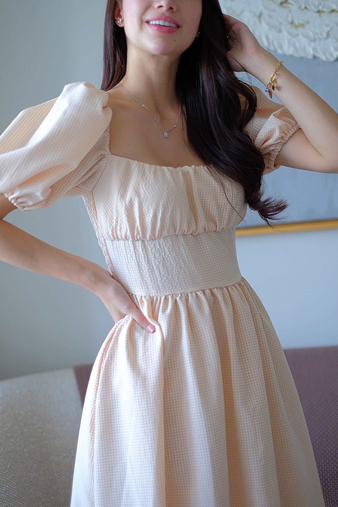 Monica Midi Dress – Ivory beige Mini Gingham