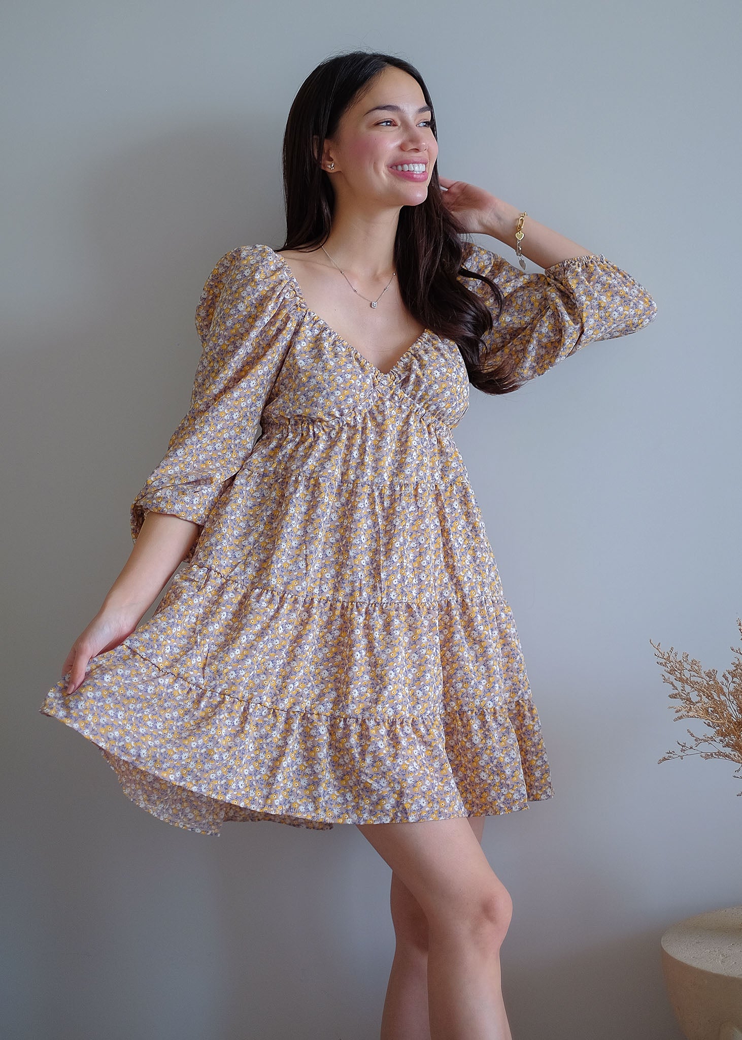 Caroline baby doll dress - beige ditsy floral