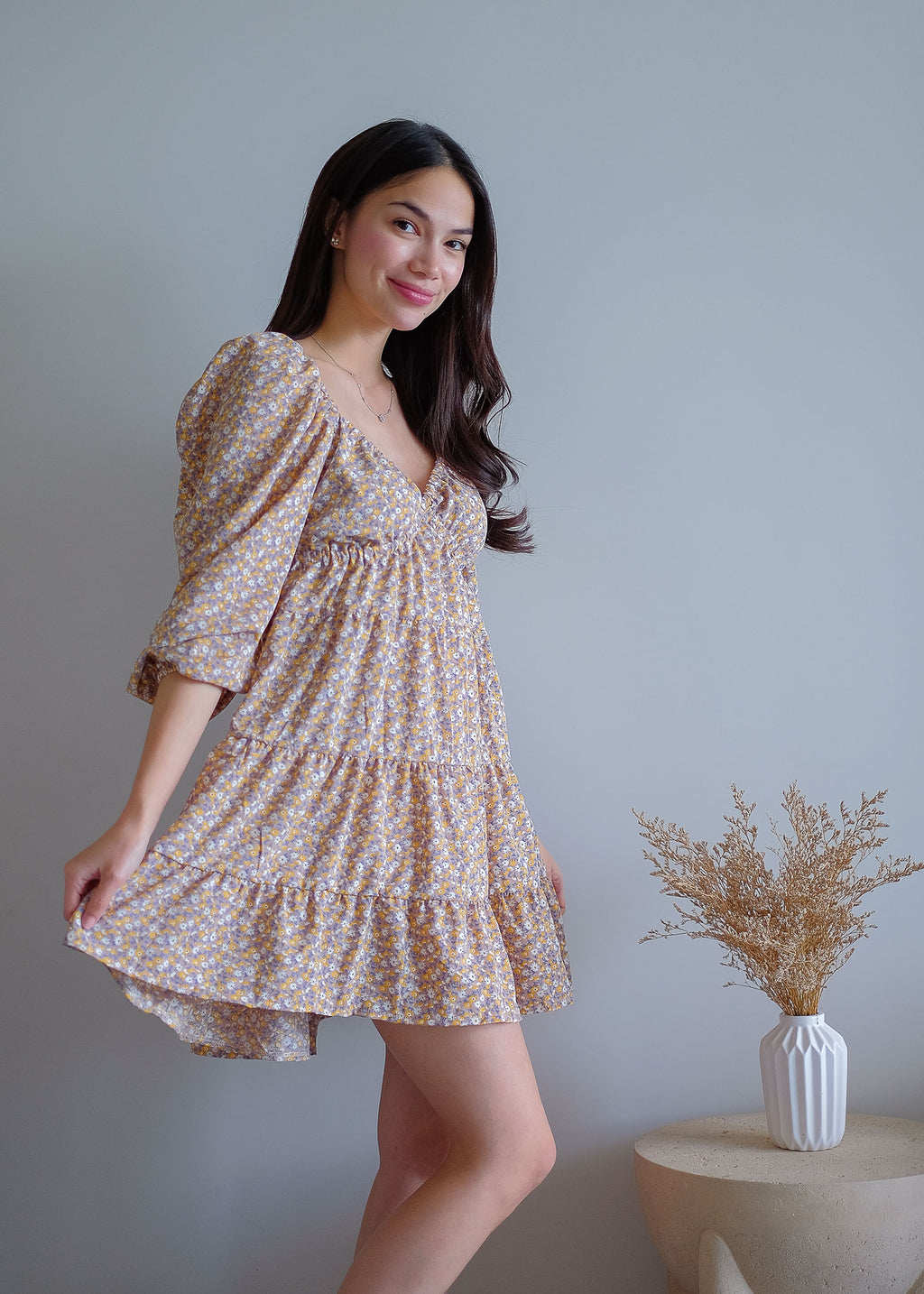 Caroline baby doll dress - beige ditsy floral