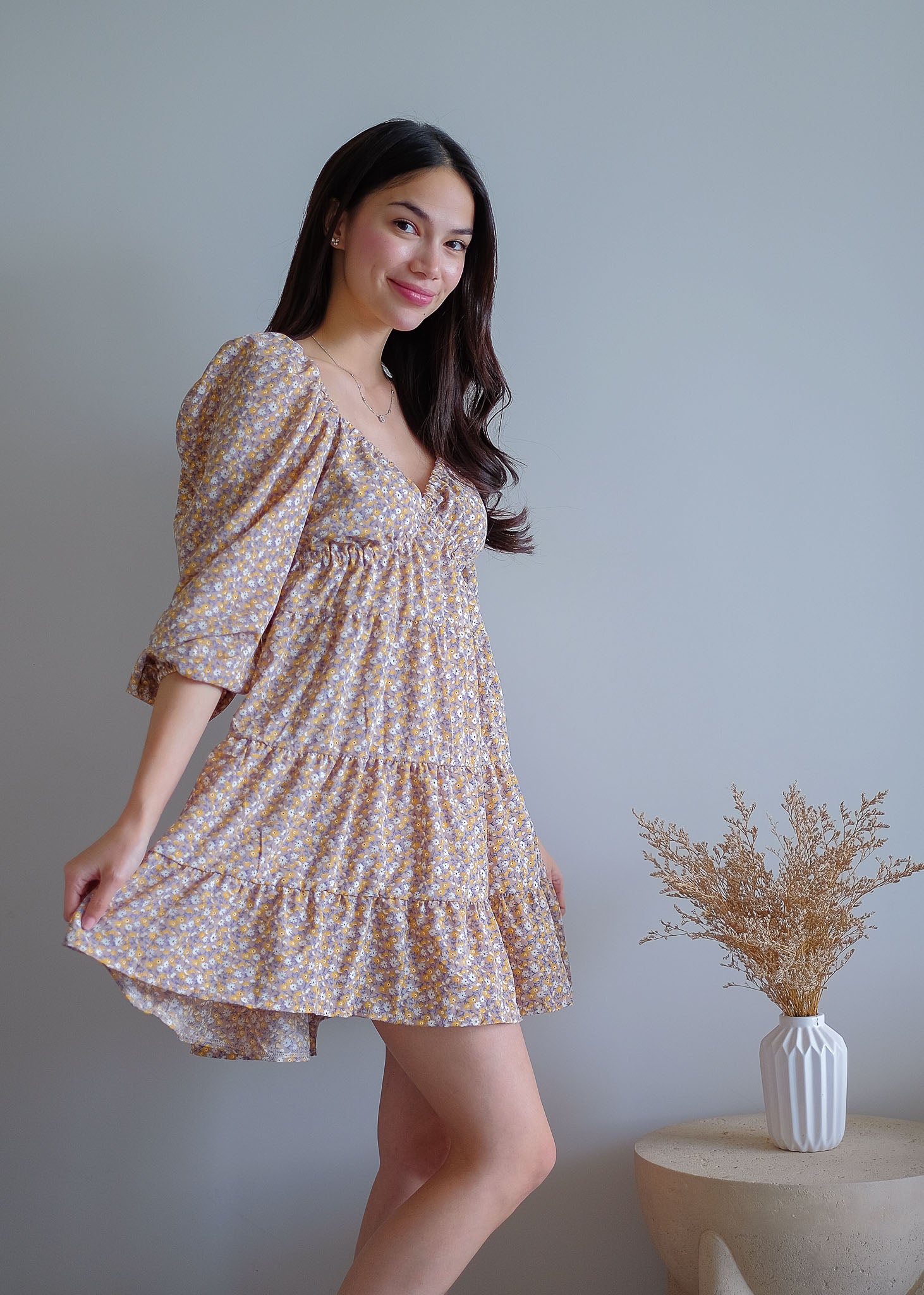 Caroline baby doll dress - beige ditsy floral