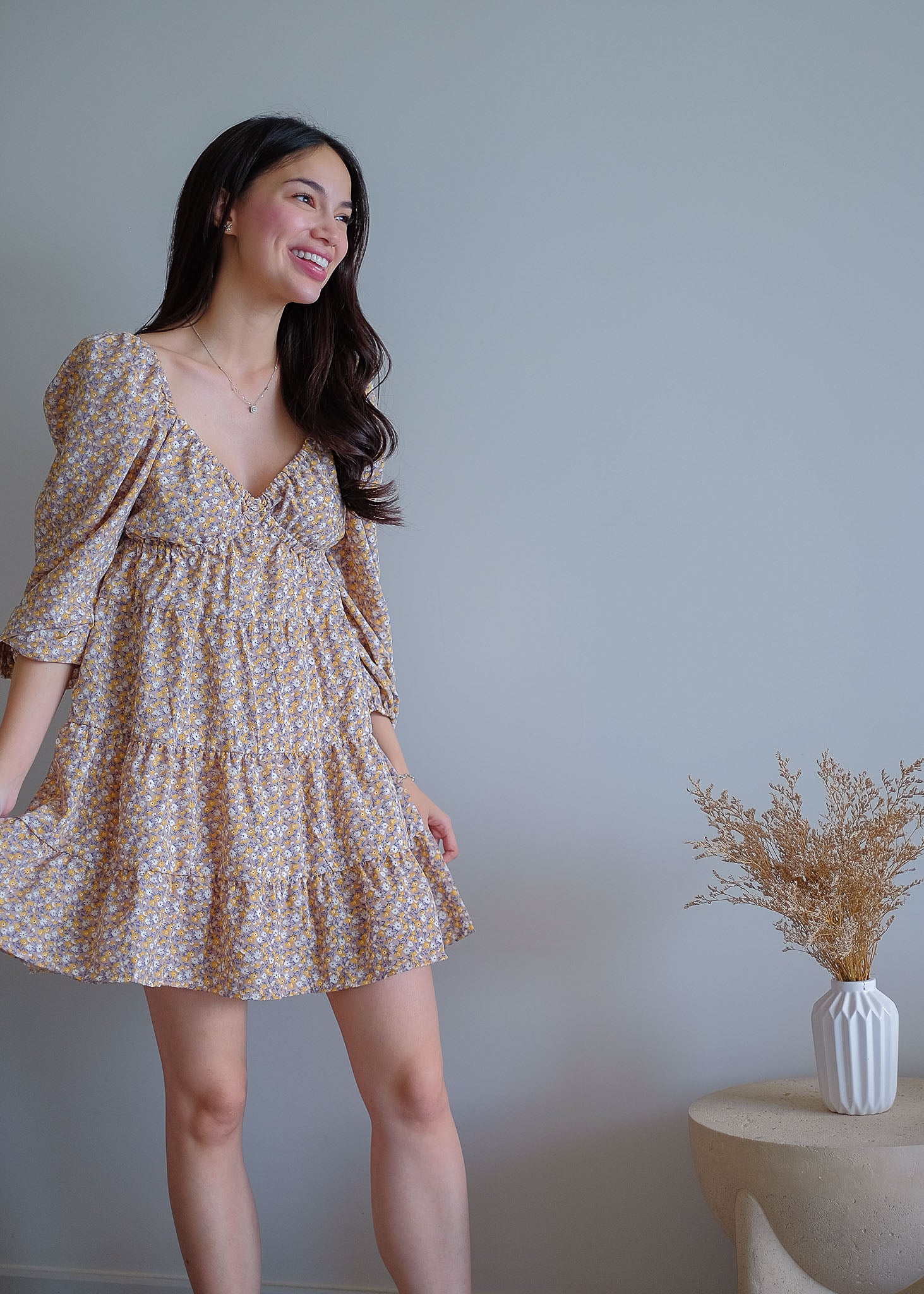 Caroline baby doll dress - beige ditsy floral