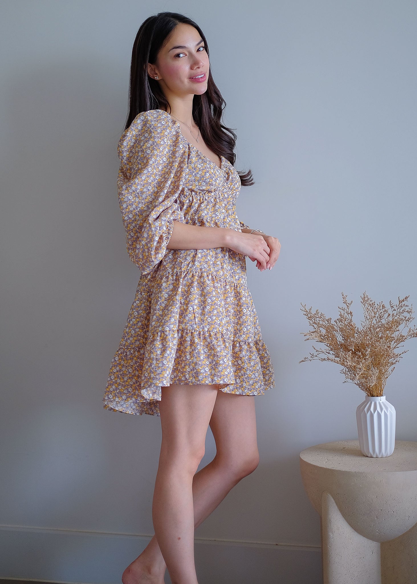 Caroline baby doll dress - beige ditsy floral
