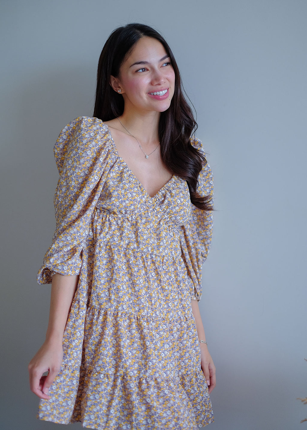 Caroline baby doll dress - beige ditsy floral