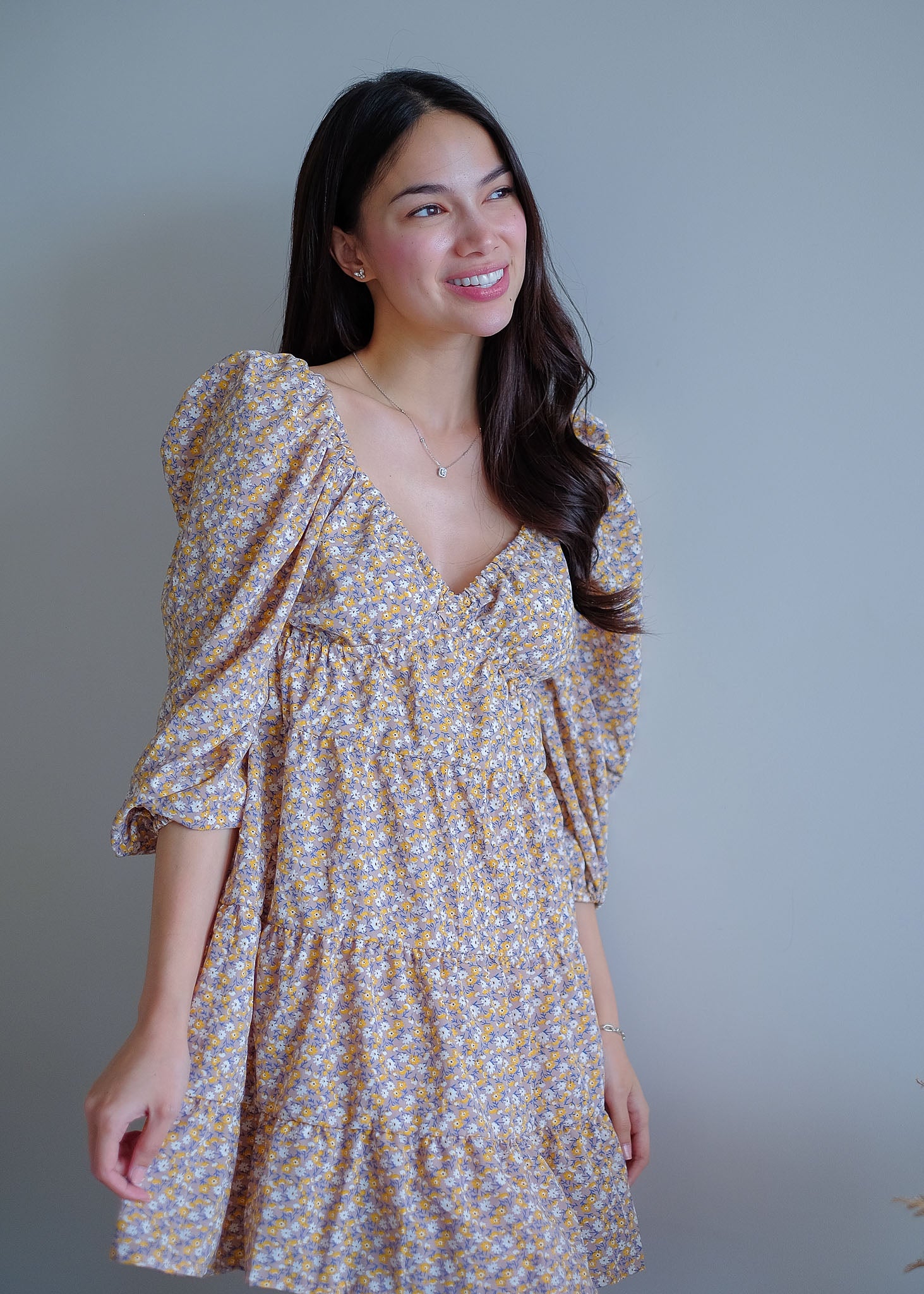 Caroline baby doll dress - beige ditsy floral