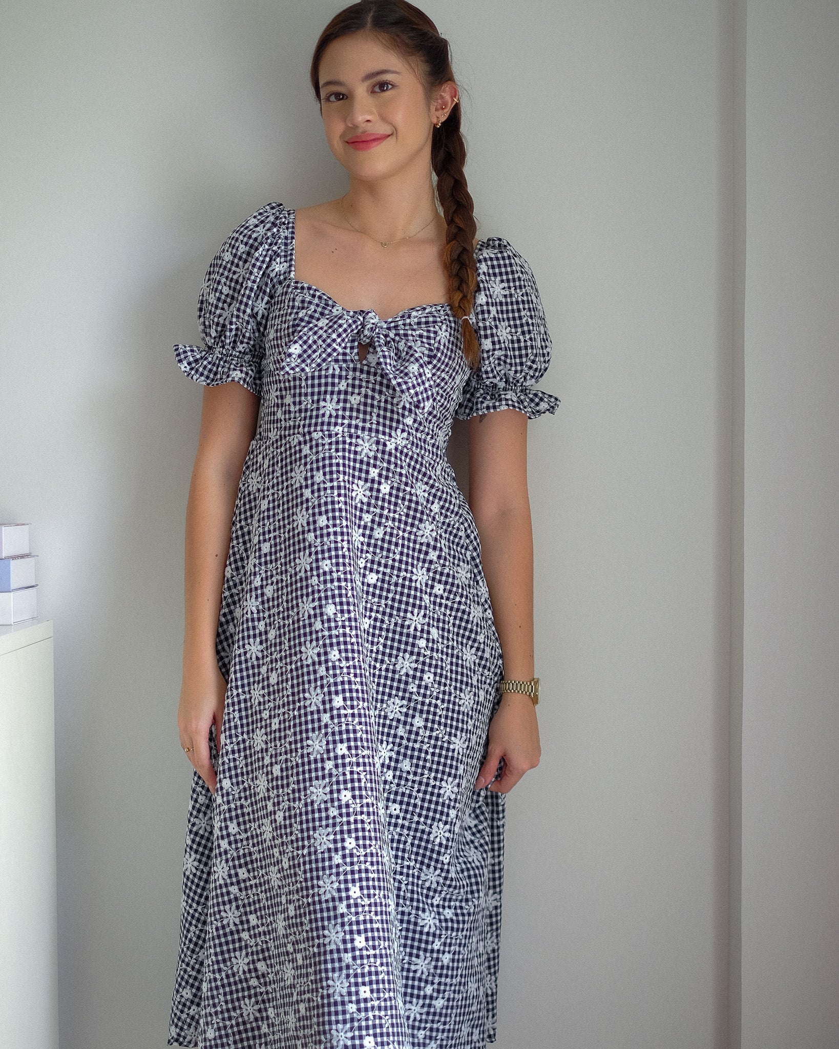 Sam midi dress - navy blue gingham eyelet