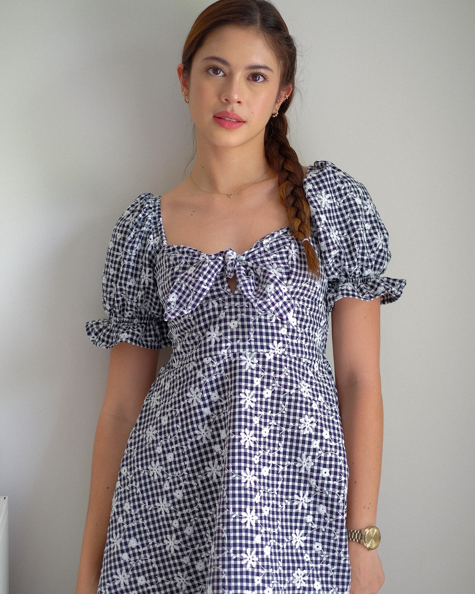 Sam midi dress - navy blue gingham eyelet