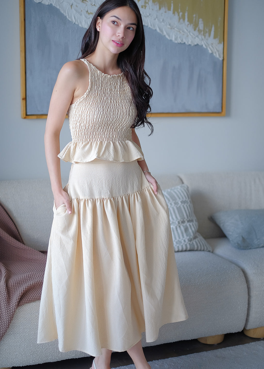 Amara Smocked Coord – Ivory beige gingham