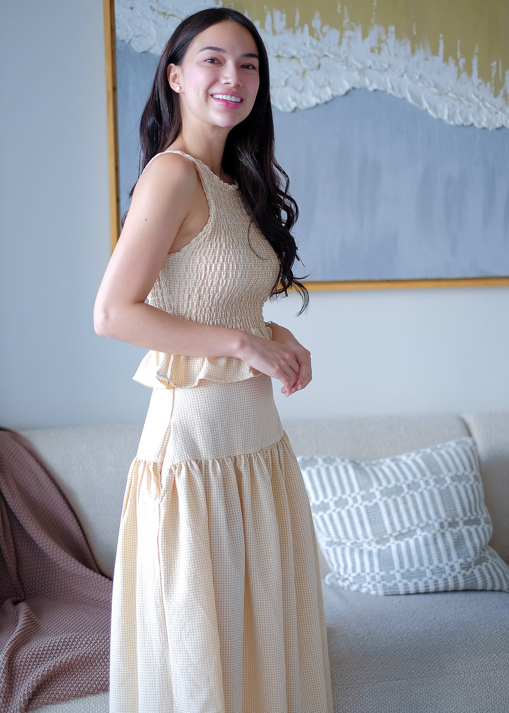 Amara Smocked Coord – Ivory beige gingham
