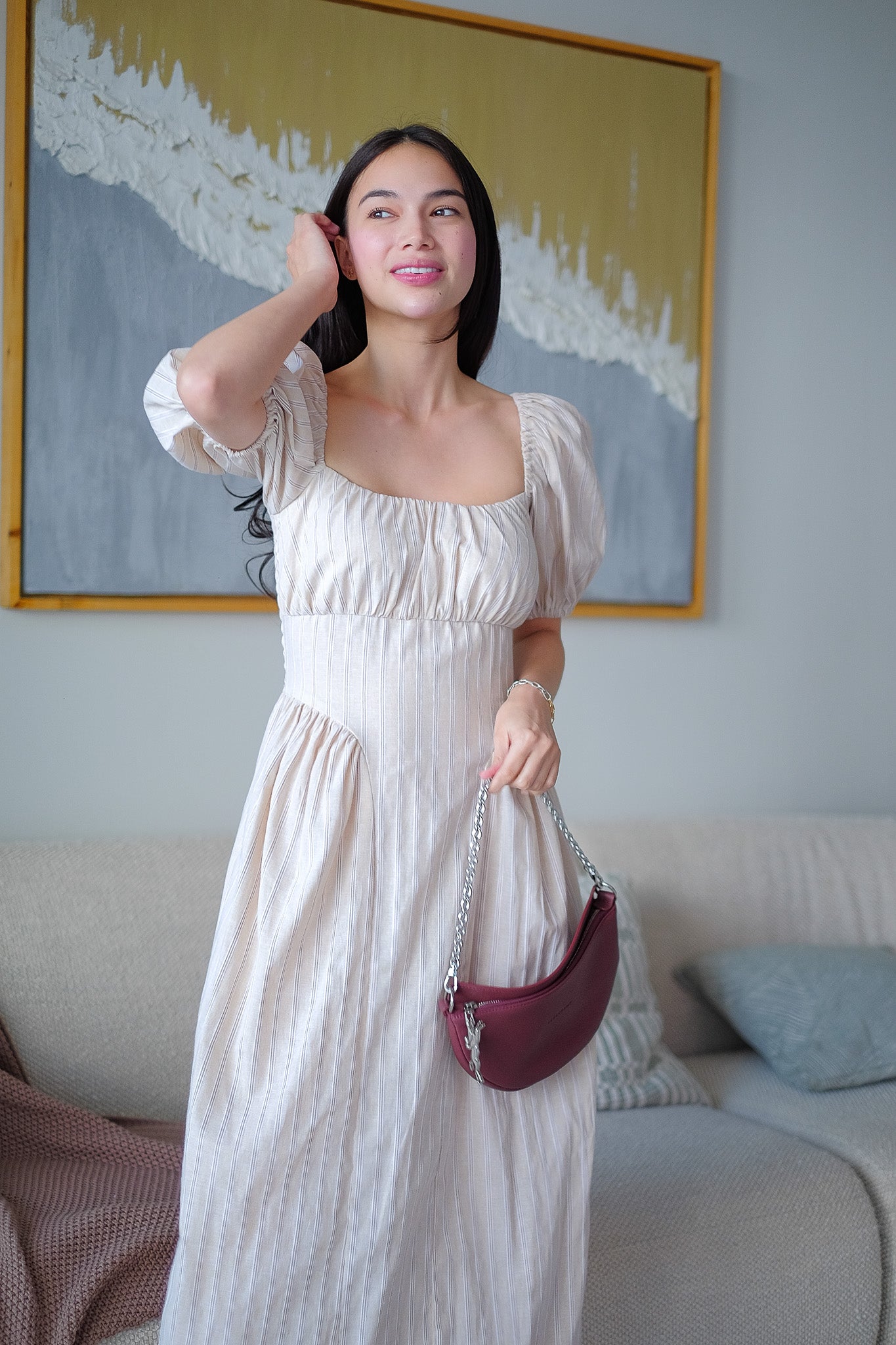 The Hudson Midi dress - textured stripe nude
