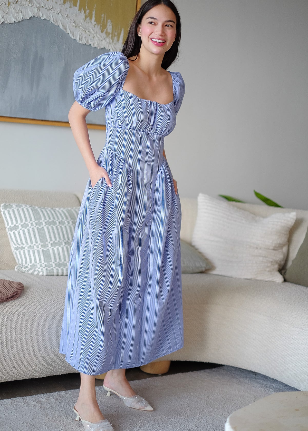 The Hudson Midi dress - textured stripes rich indigo