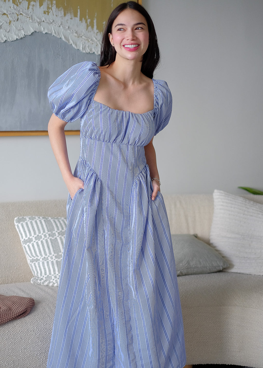 The Hudson Midi dress - textured stripes rich indigo