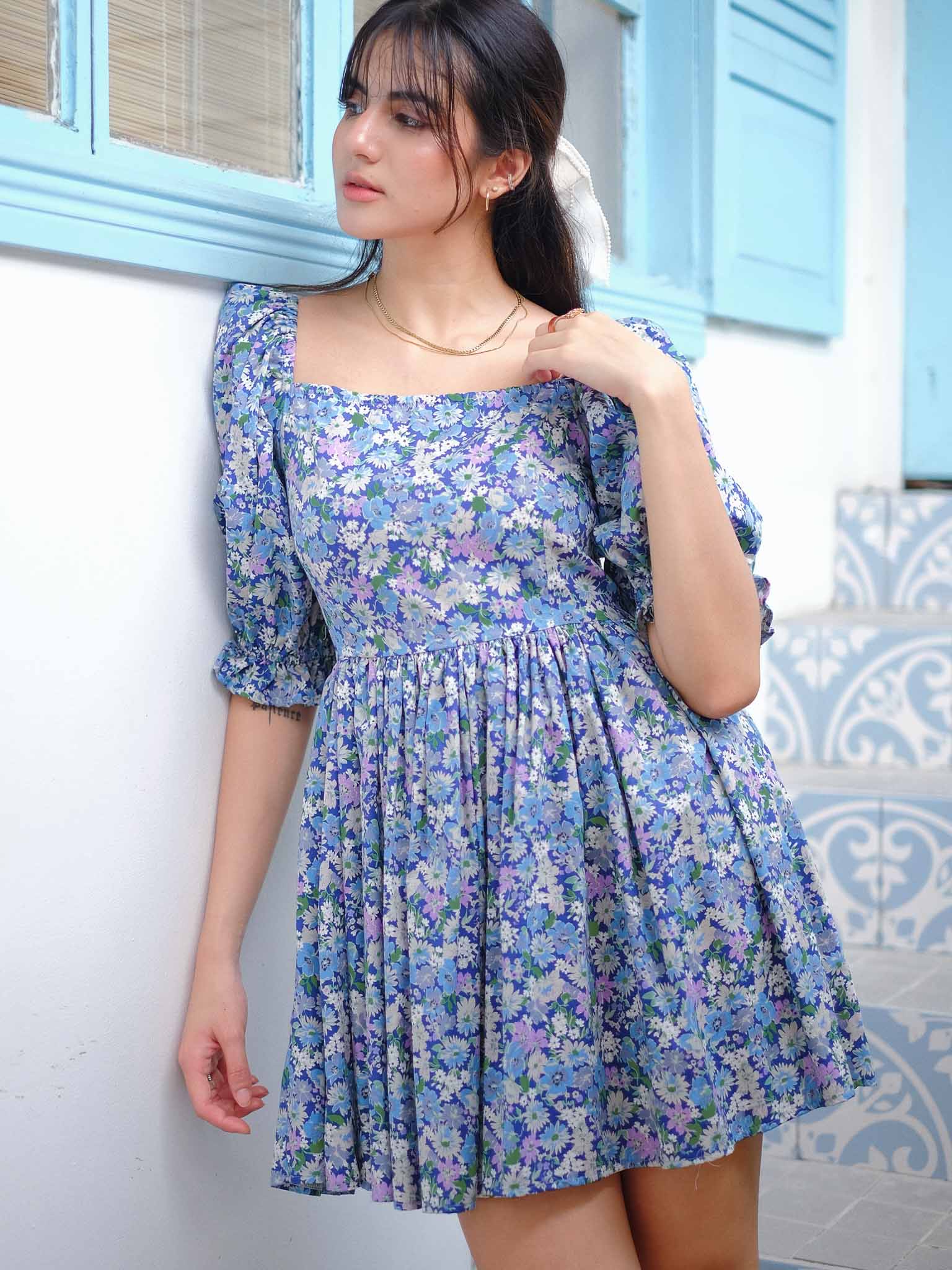 Candice baby doll dress - Blue floral print