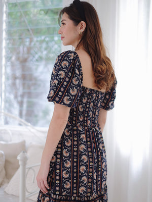 Jasmine knee length dress - dark blue boho print