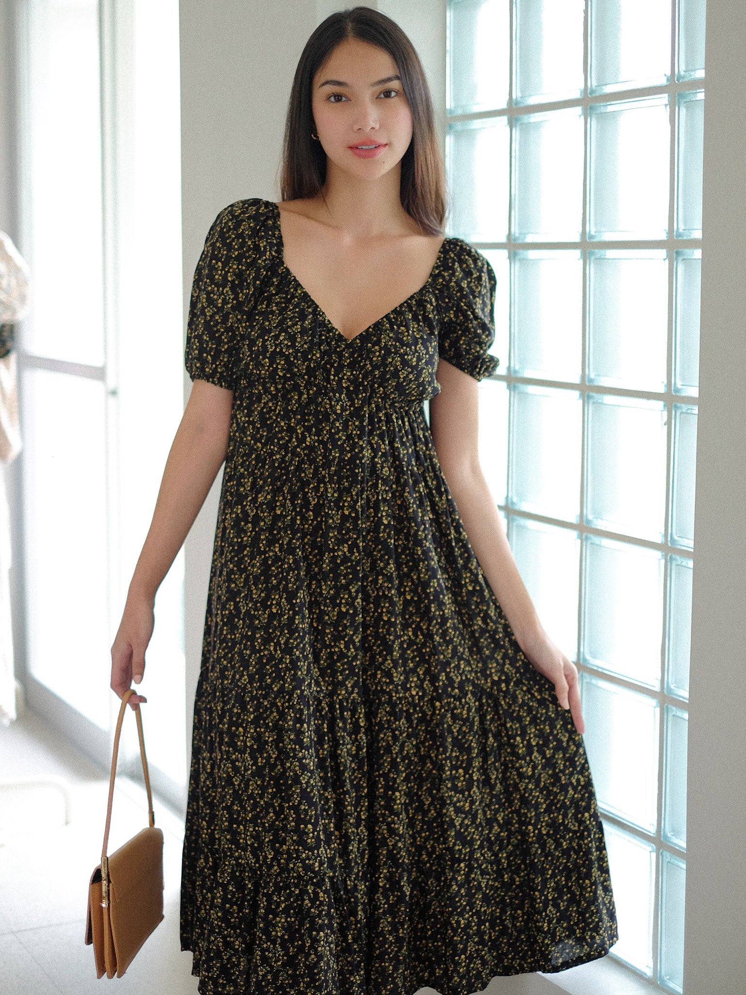 Caroline Midi Dress - Ebony Black Floral  we