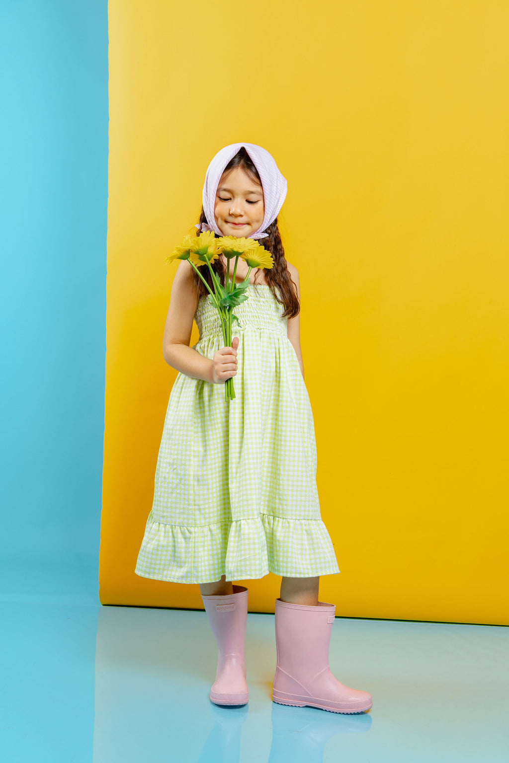 The Tropical dress - gingham apple green with free assorted bandana
