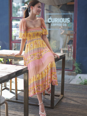 Jasmine midi dress - Yellow Boho print