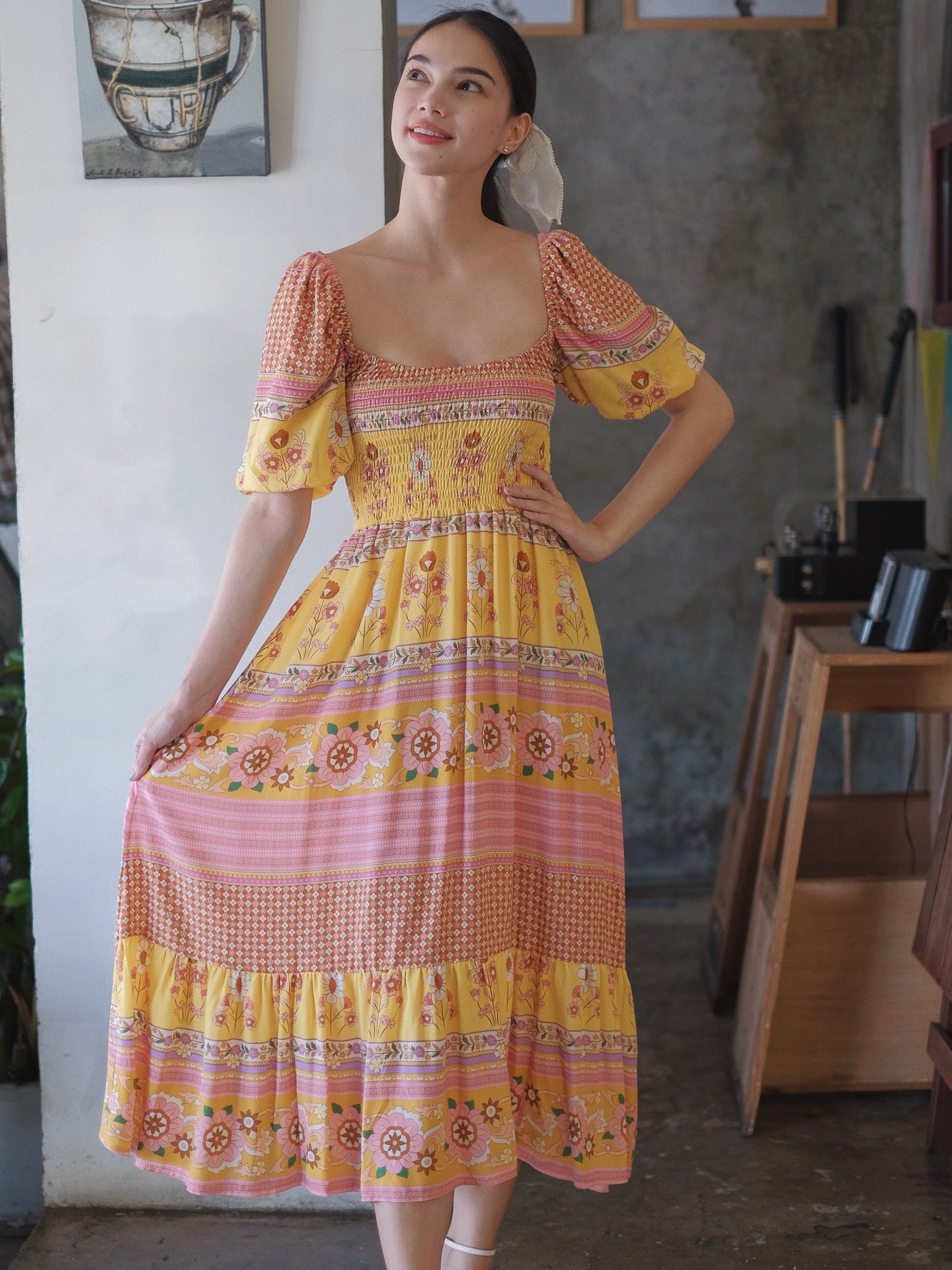 Jasmine midi dress - Yellow Boho print