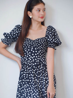 Olivia Knee Length Dress - polka black